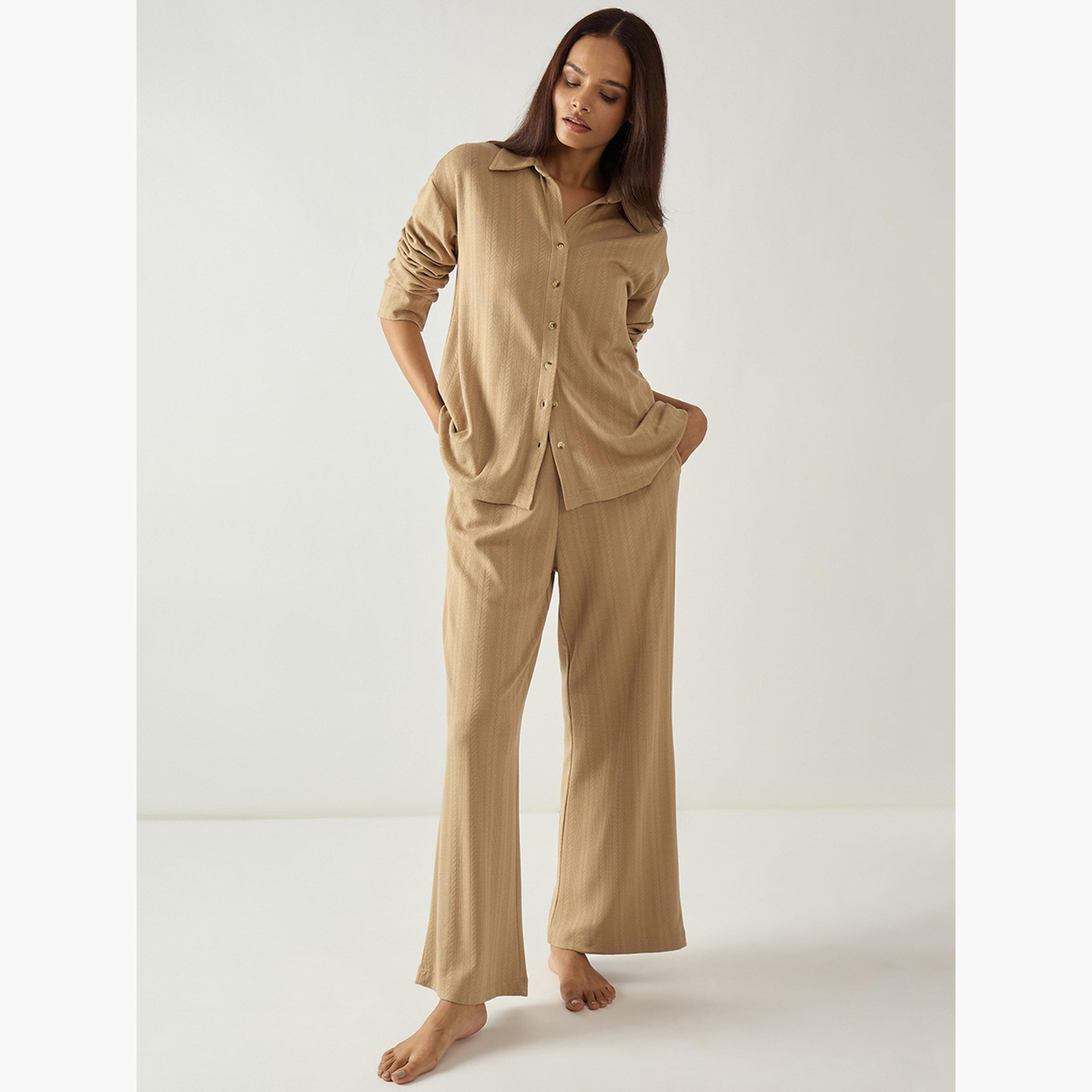 طقم ملابس منزلية قميص وبنطلون جيرسيه بنسيج بارز-women-clothing-nightwear-pyjamas-longsets-image-3