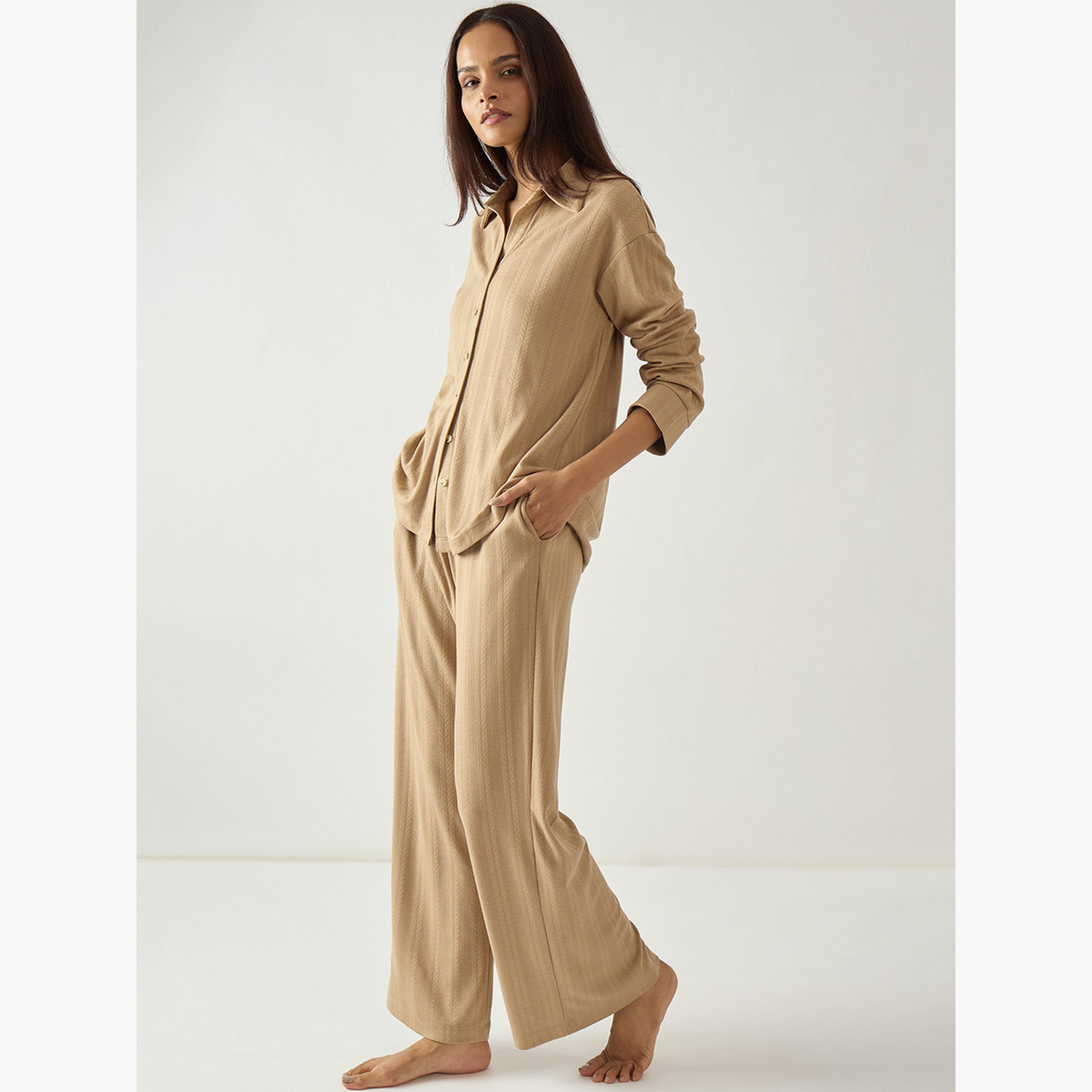 طقم ملابس منزلية قميص وبنطلون جيرسيه بنسيج بارز-women-clothing-nightwear-pyjamas-longsets-image-4