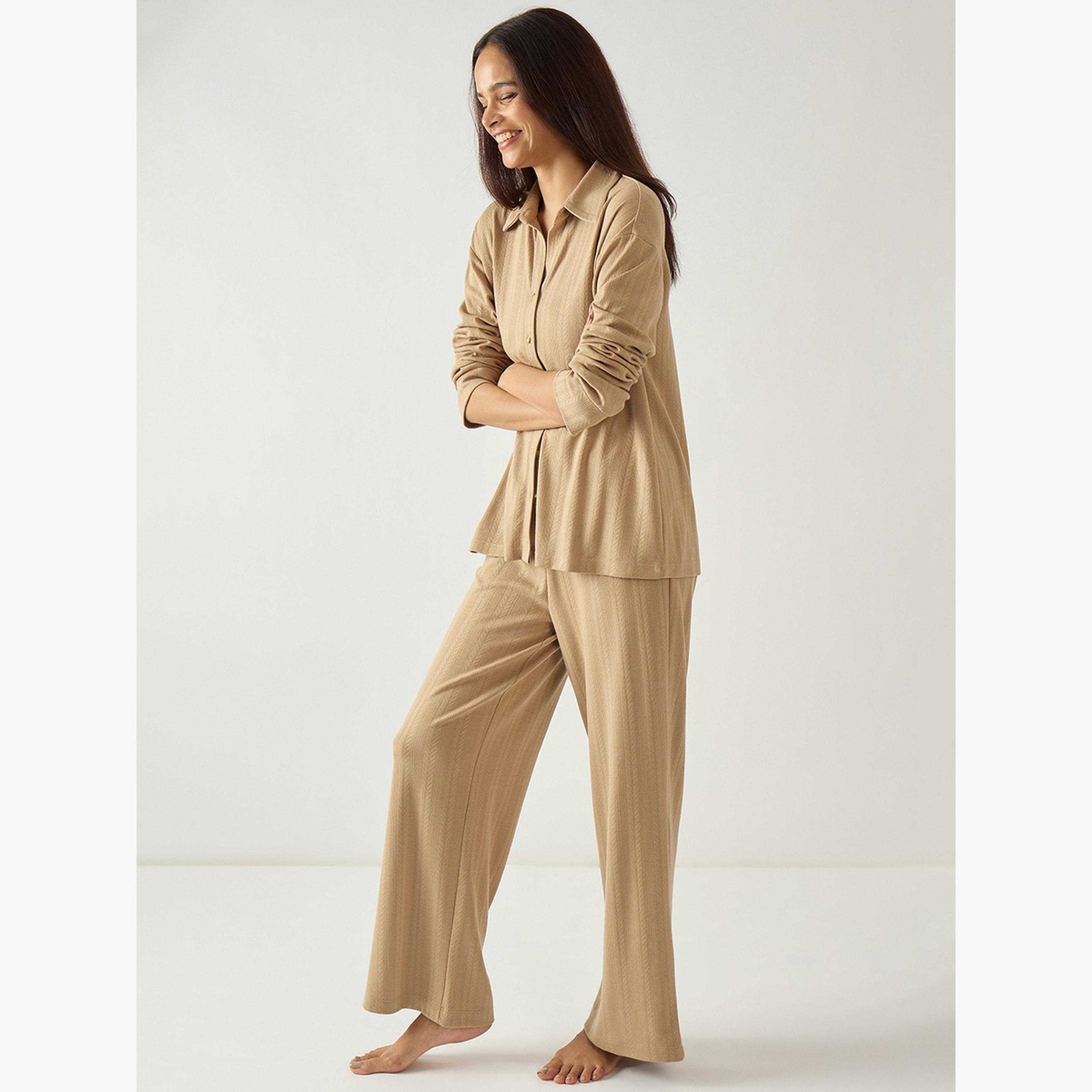 طقم ملابس منزلية قميص وبنطلون جيرسيه بنسيج بارز-women-clothing-nightwear-pyjamas-longsets-image-5