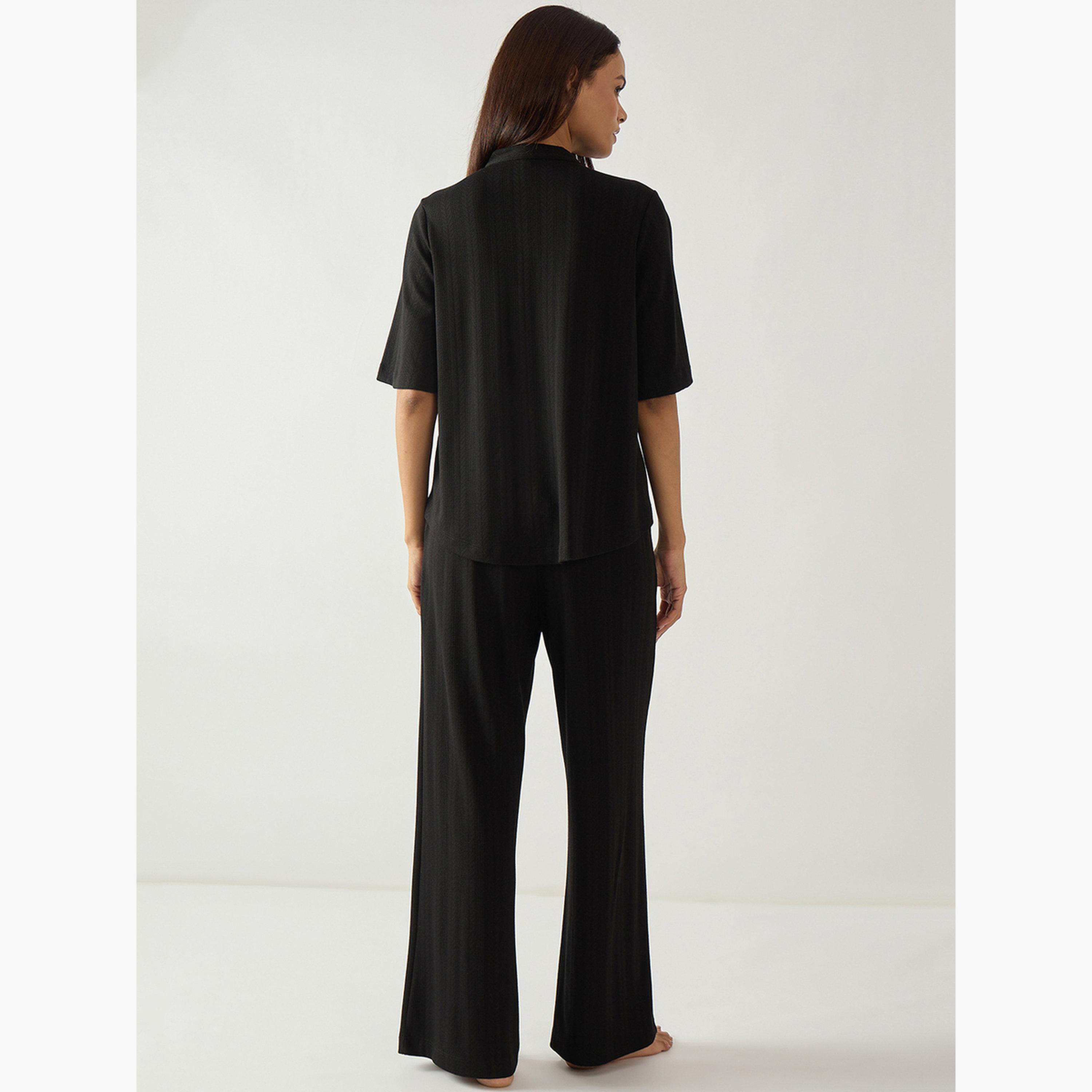 طقم ملابس منزلية بلوزة وبنطلون جيرسيه بنسيج بارز-women-clothing-nightwear-pyjamas-longsets-image-2