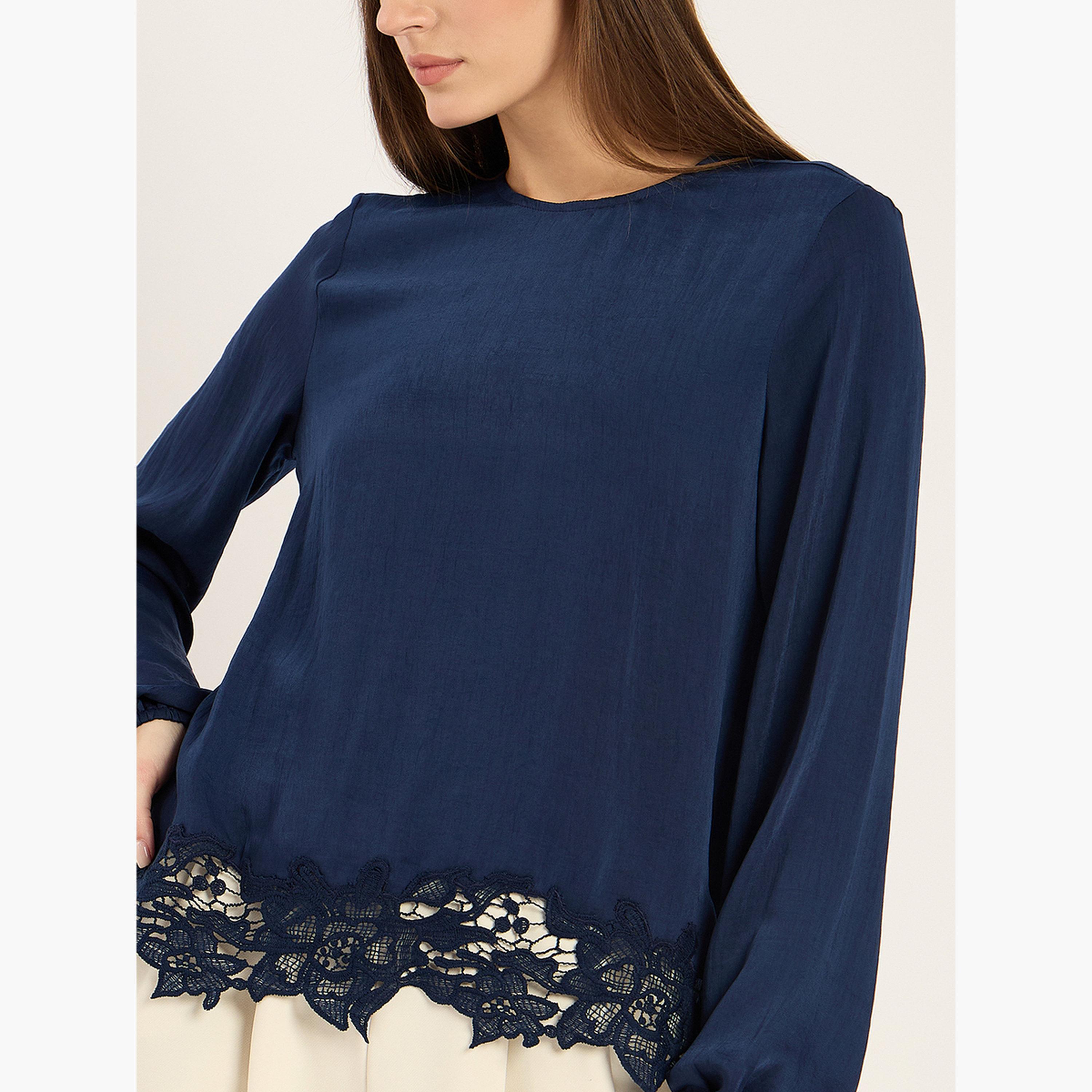 Femmella Women Navy Blue Long Sleeve Lace Hem Top-women-clothing-shirtsandblouses-blouses-image-3