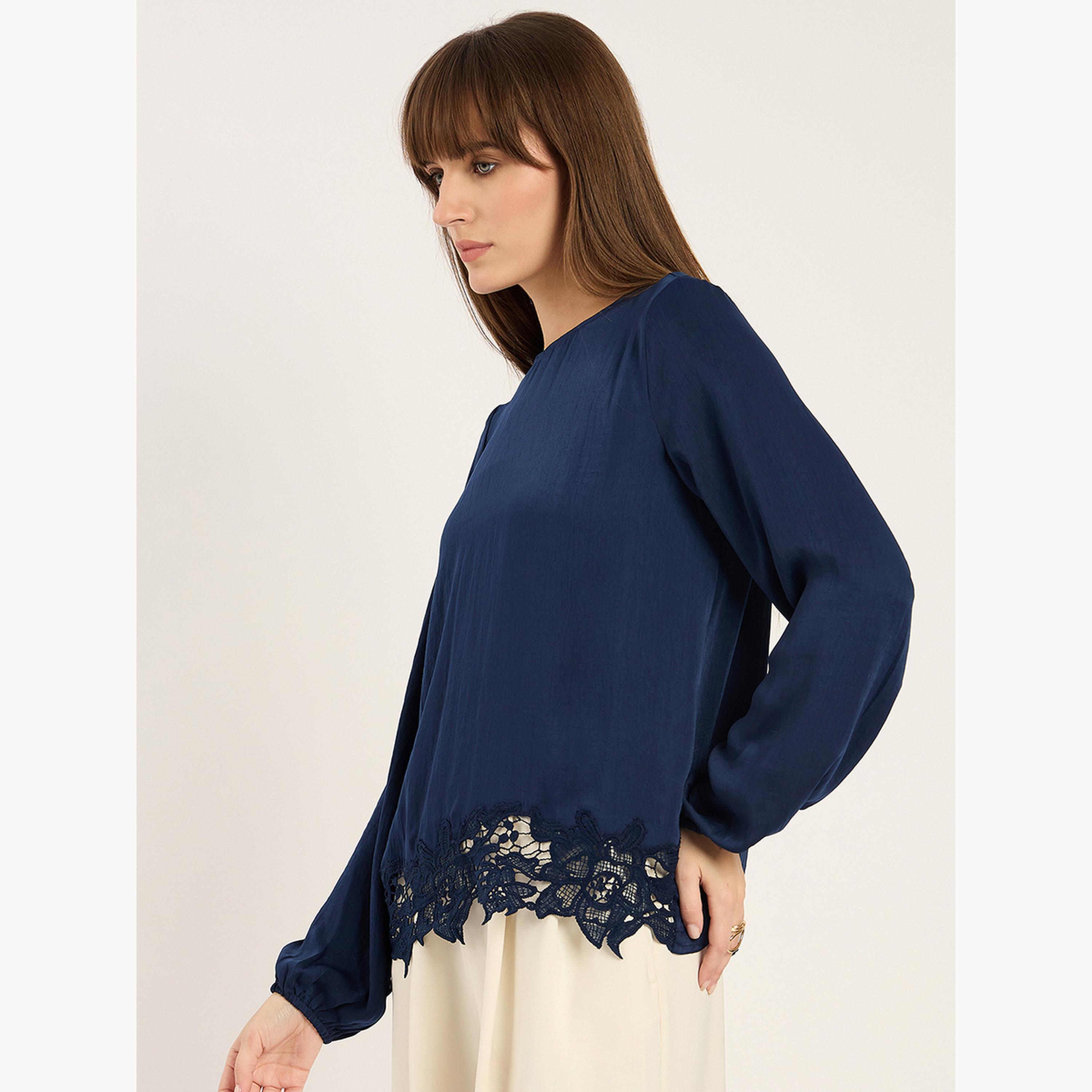 Femmella Women Navy Blue Long Sleeve Lace Hem Top-women-clothing-shirtsandblouses-blouses-image-6