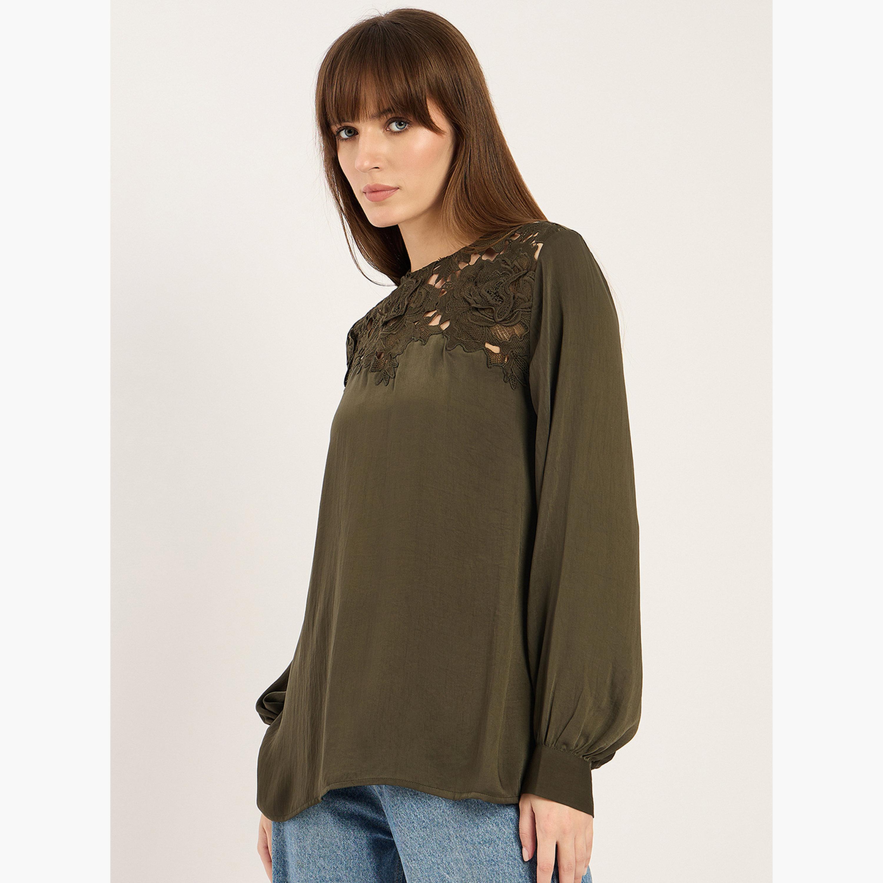 Femmella Women Olive Lace Balloon Sleeve Top-women-clothing-shirtsandblouses-blouses-image-3