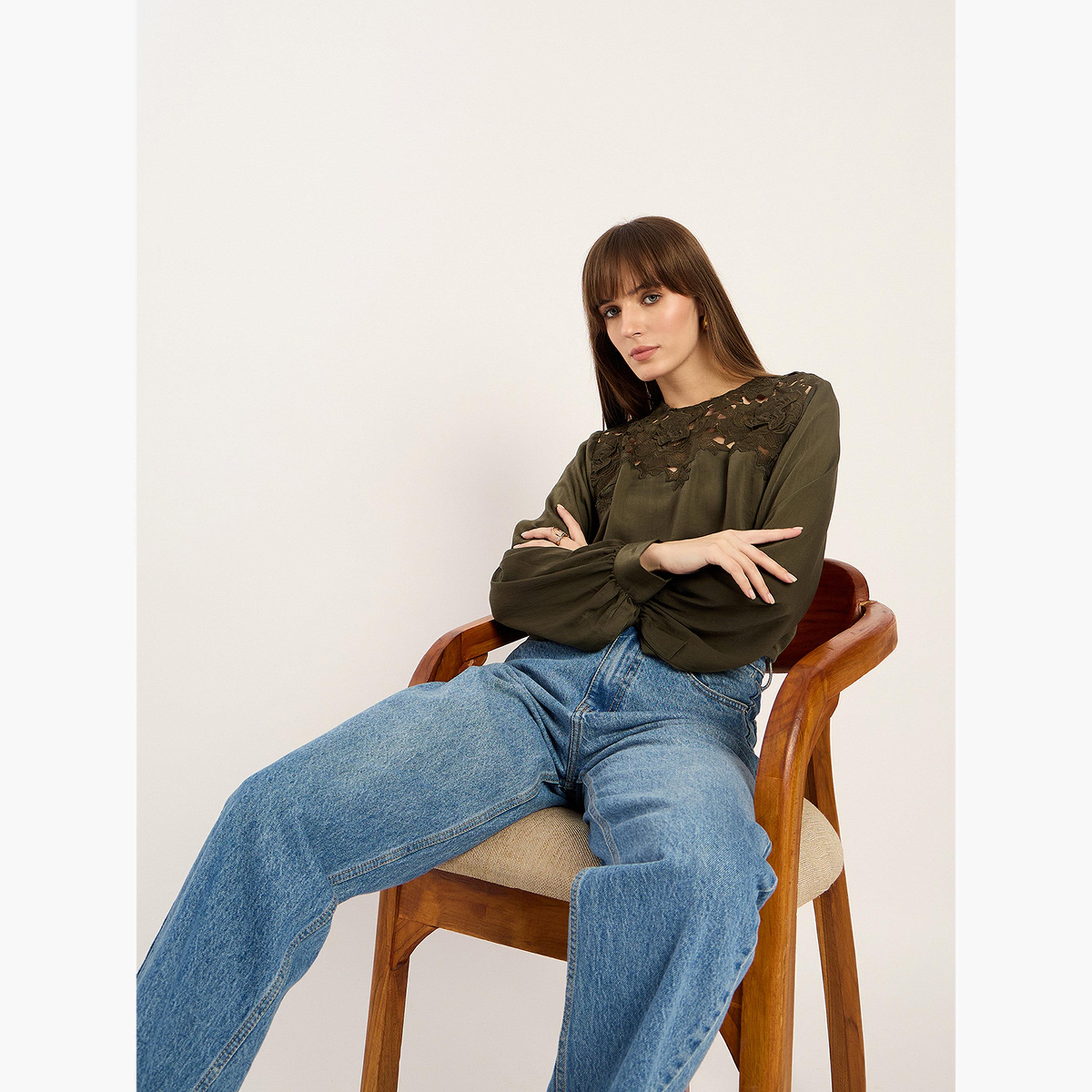 Femmella Women Olive Lace Balloon Sleeve Top-women-clothing-shirtsandblouses-blouses-image-5