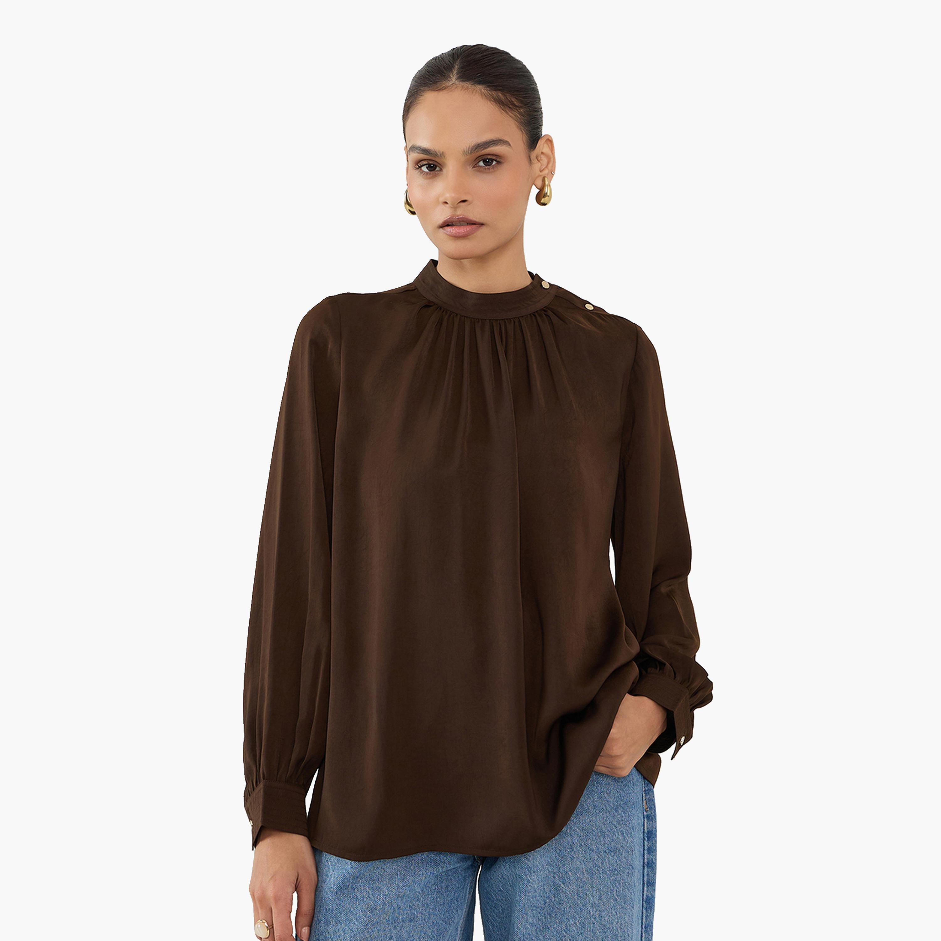 Femmella Women Brown Satin Long Sleeve Top-women-clothing-shirtsandblouses-blouses-image-1