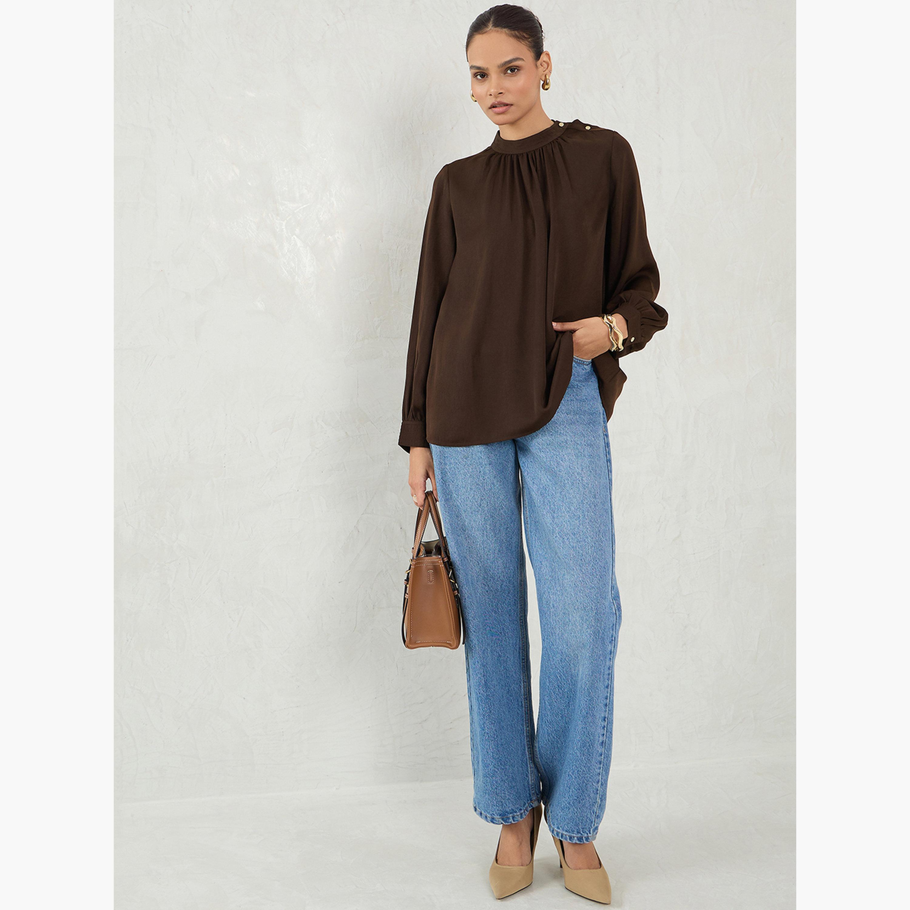 Femmella Women Brown Satin Long Sleeve Top-women-clothing-shirtsandblouses-blouses-image-5