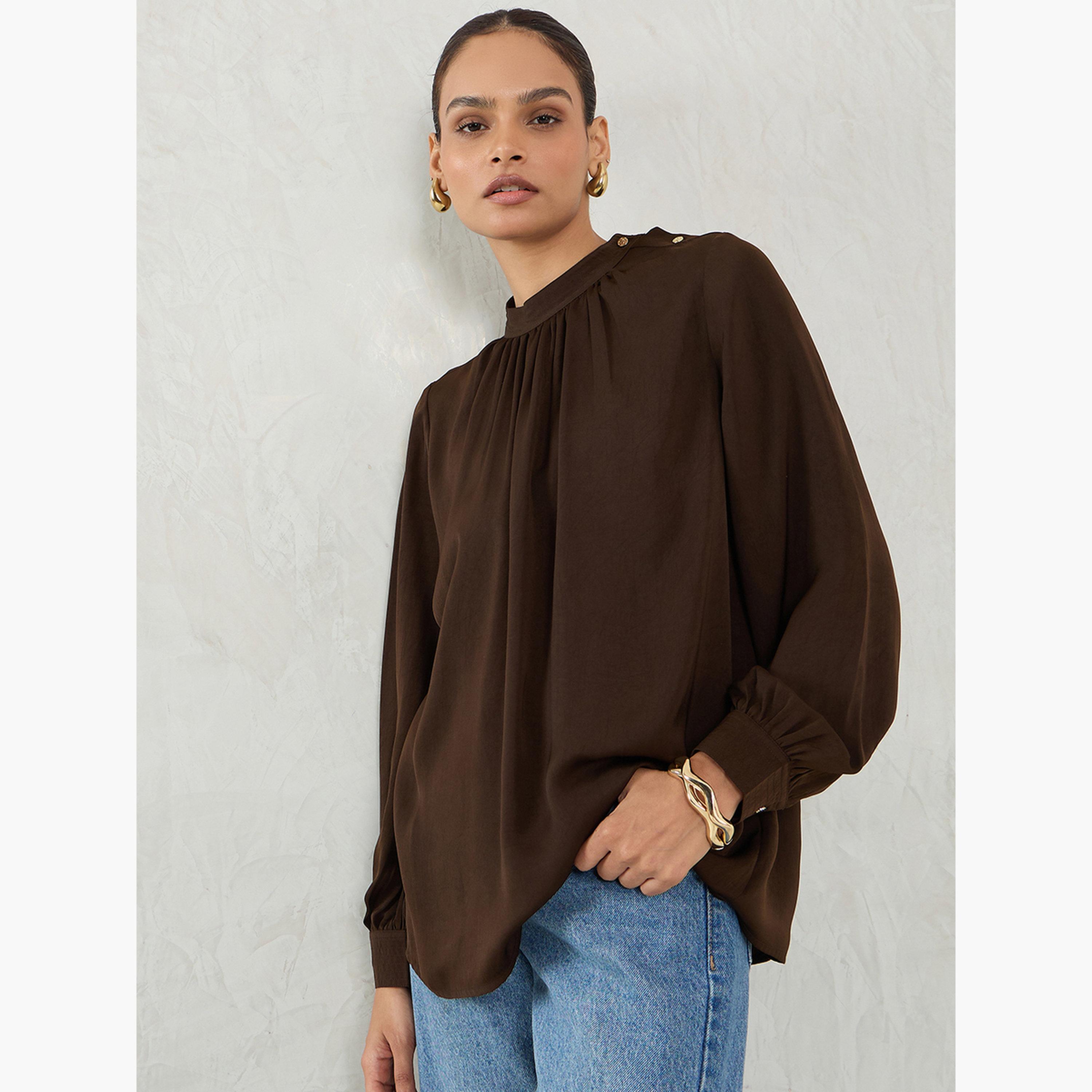 Femmella Women Brown Satin Long Sleeve Top-women-clothing-shirtsandblouses-blouses-image-6