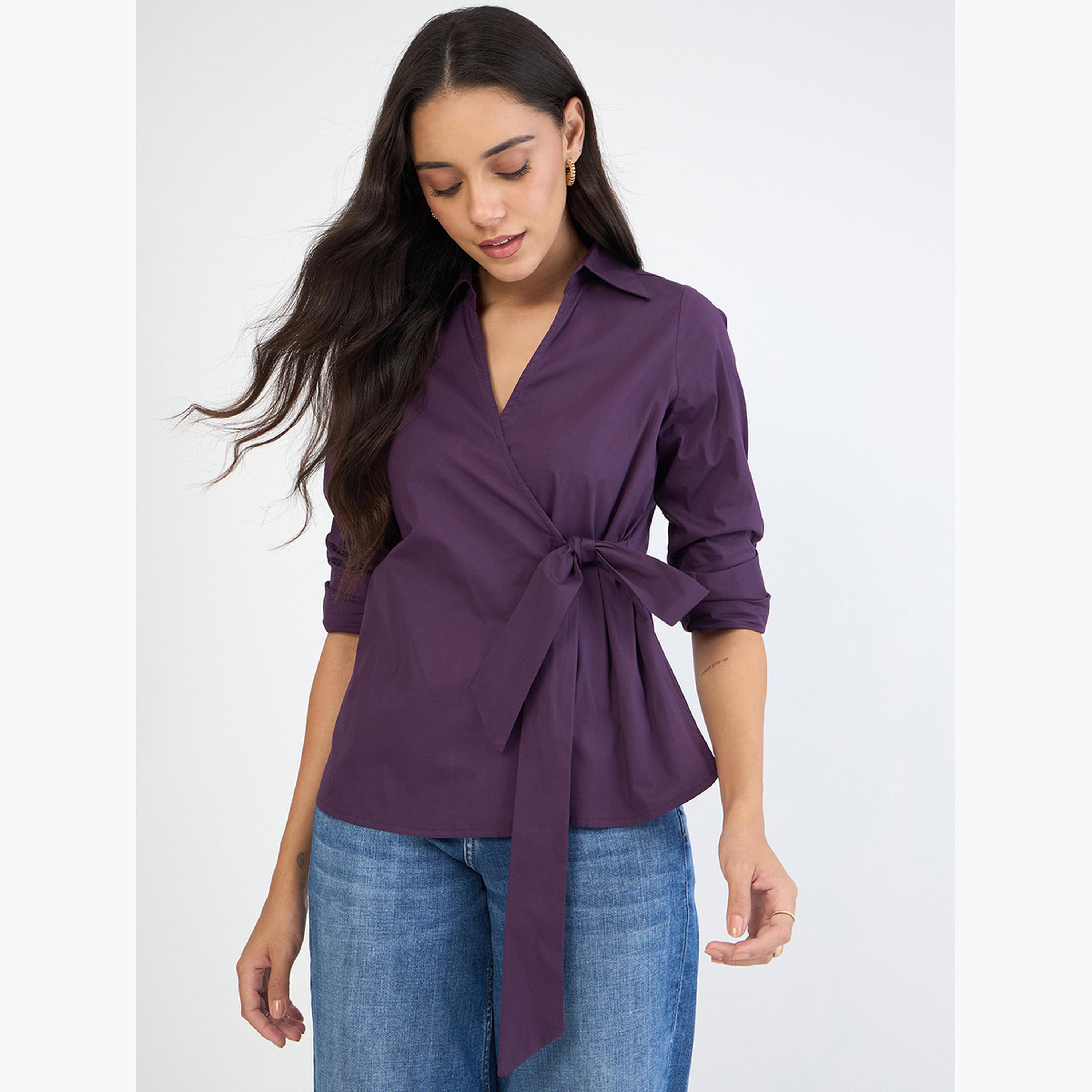 Femmella Women Purple Long Sleeve Wrap Top-women-clothing-shirtsandblouses-blouses-image-1