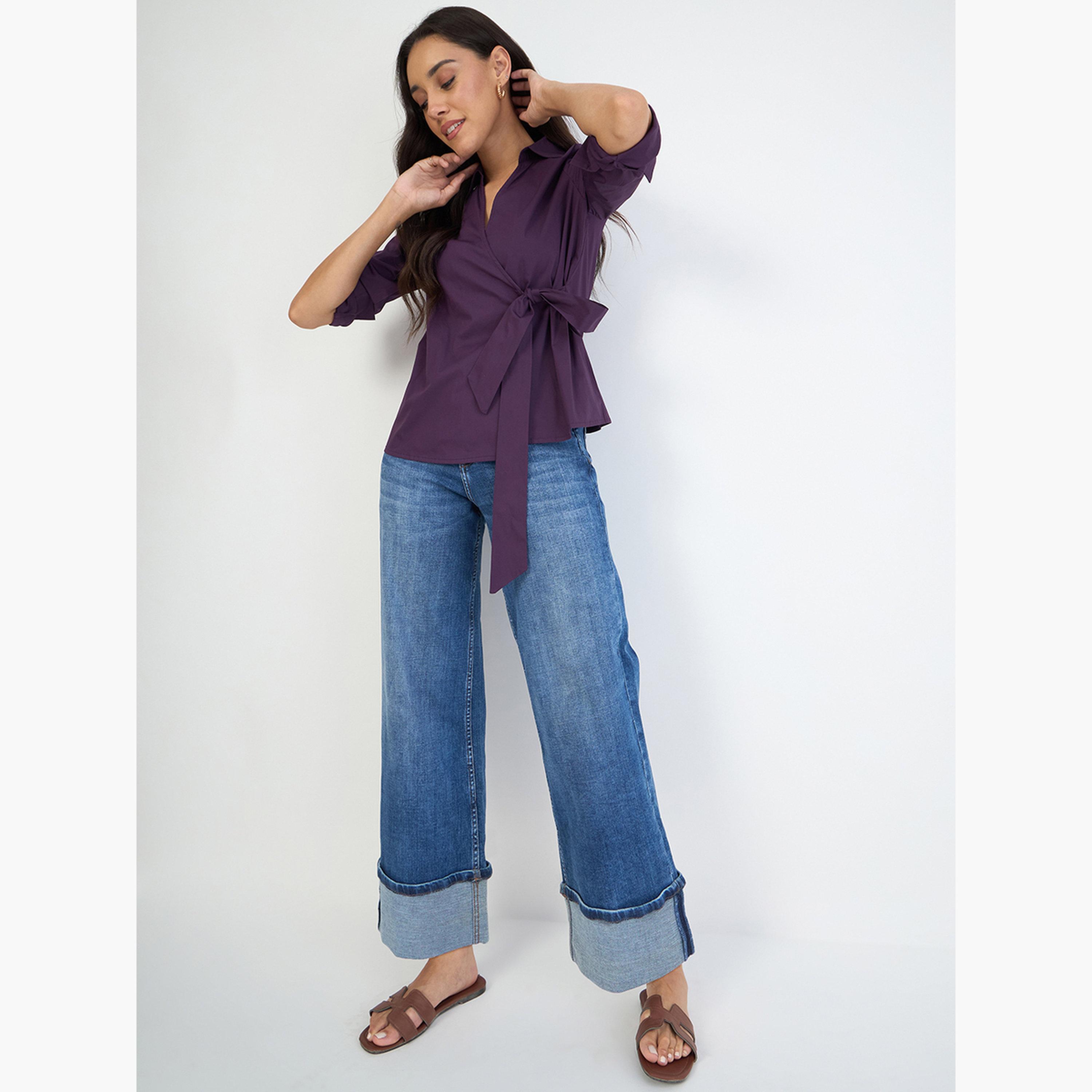 Femmella Women Purple Long Sleeve Wrap Top-women-clothing-shirtsandblouses-blouses-image-4