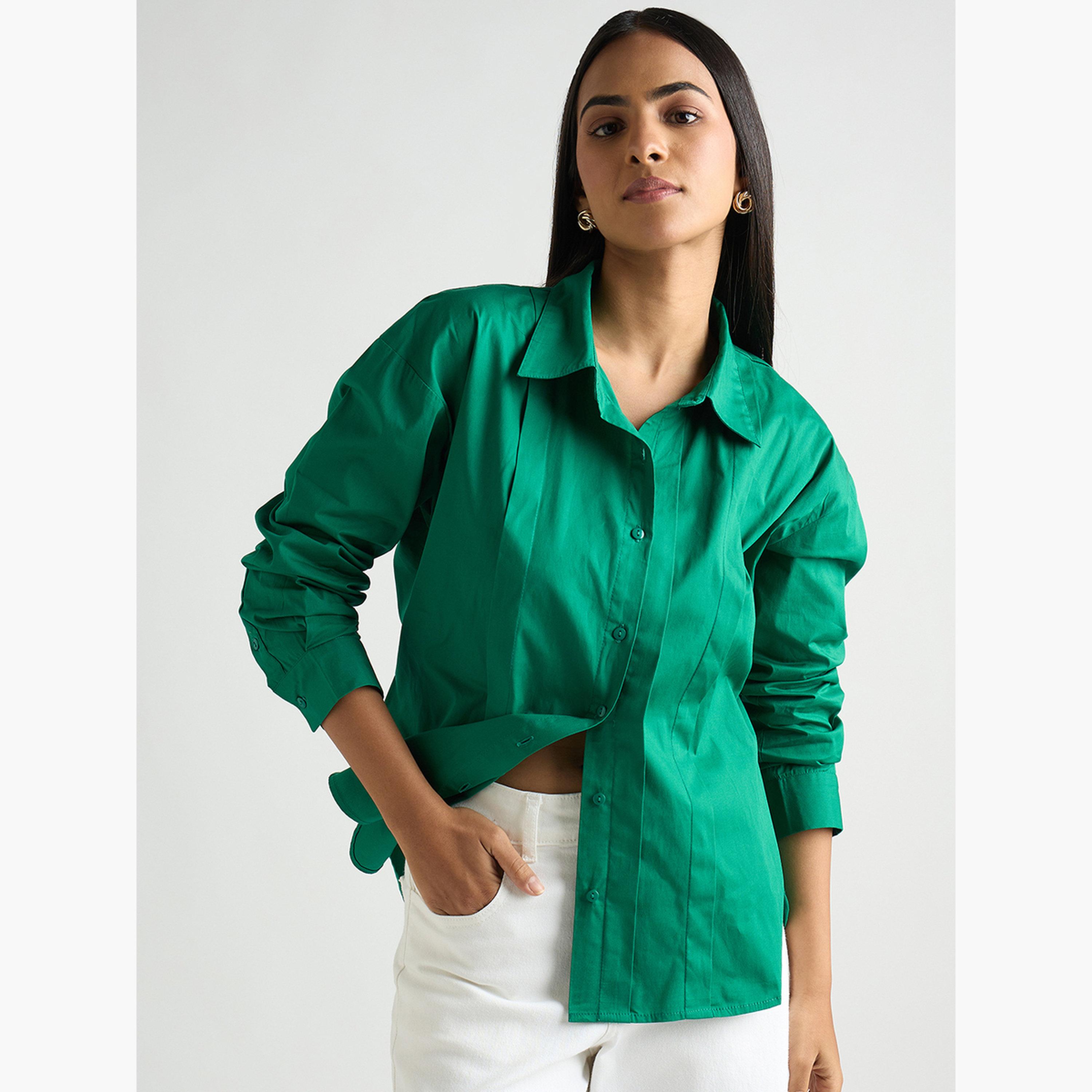 Buy Femmella Women Emerald Green Long Sleeve Pleated Shirt Online |  Centrepoint Qatar