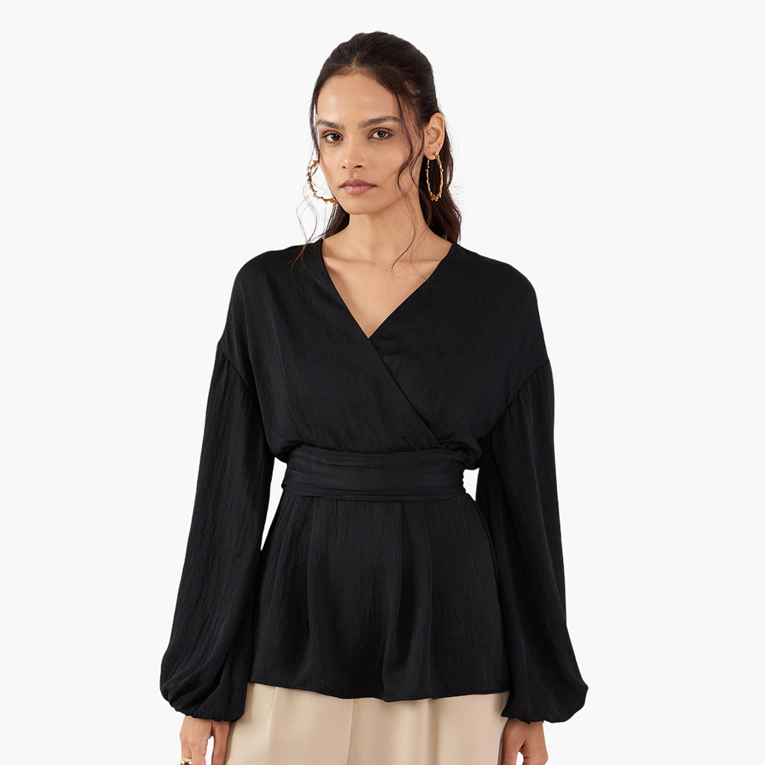 Femmella Women Black Balloon Sleeve Wrap Top-women-clothing-shirtsandblouses-blouses-image-1