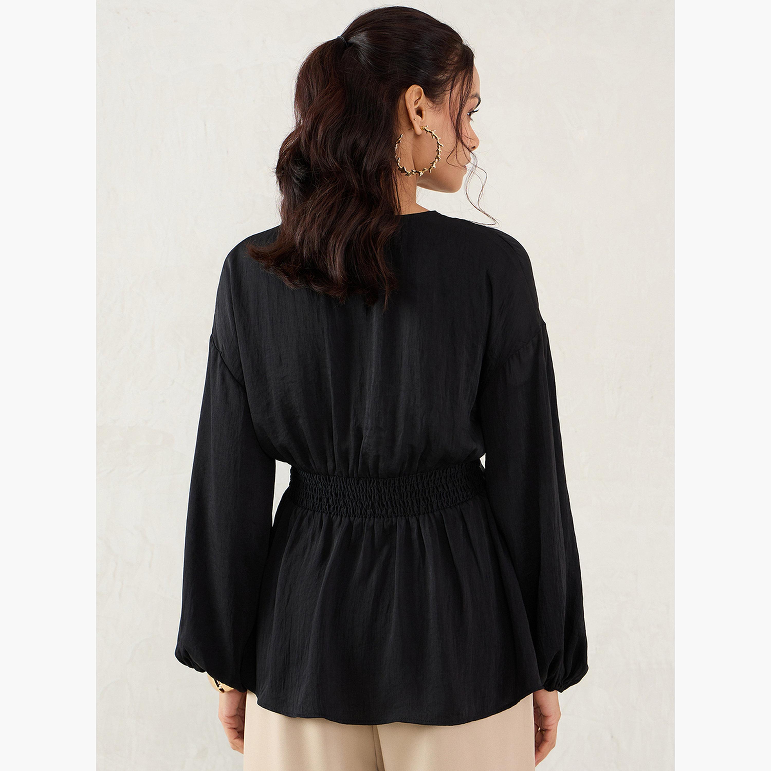 Femmella Women Black Balloon Sleeve Wrap Top-women-clothing-shirtsandblouses-blouses-image-2
