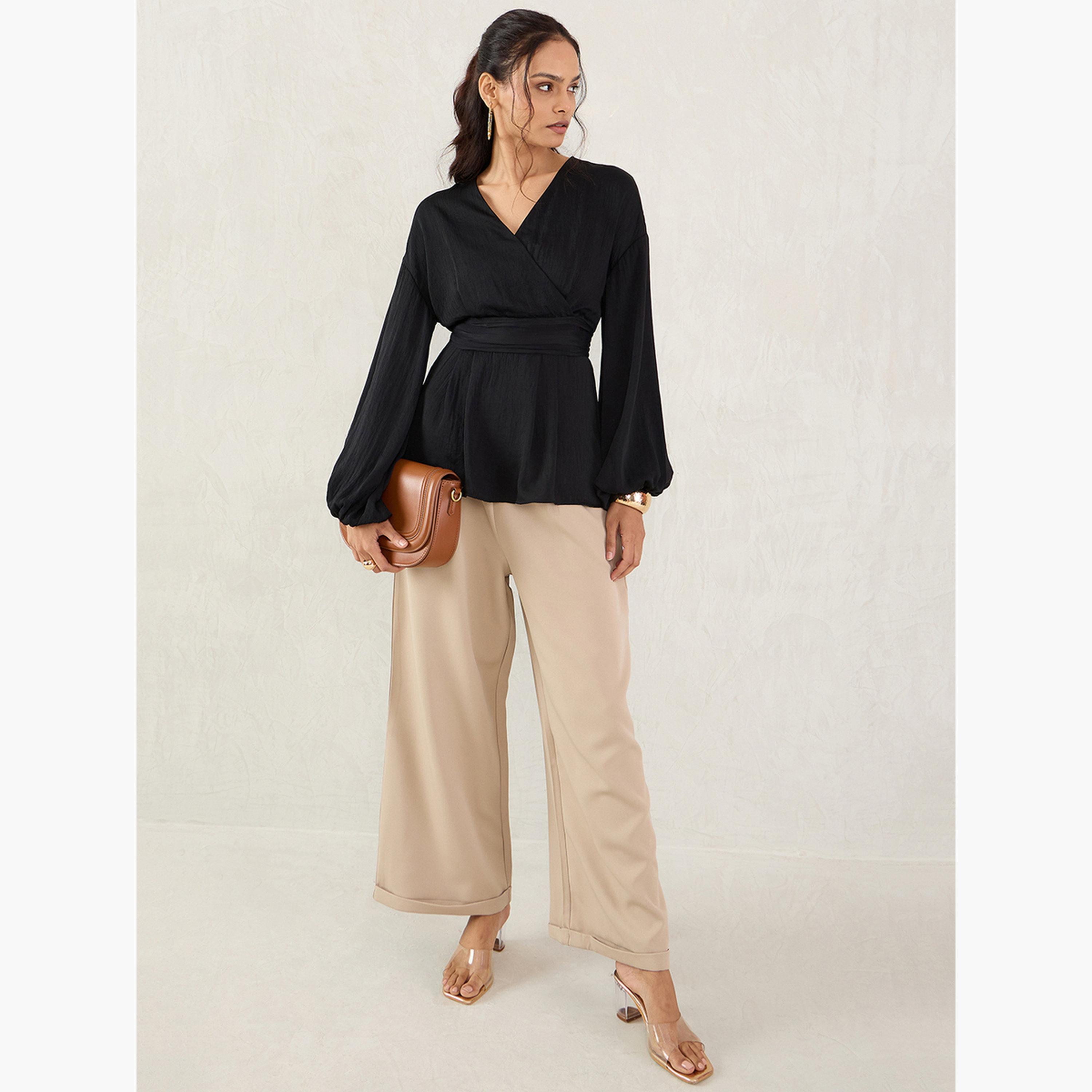 Femmella Women Black Balloon Sleeve Wrap Top-women-clothing-shirtsandblouses-blouses-image-5