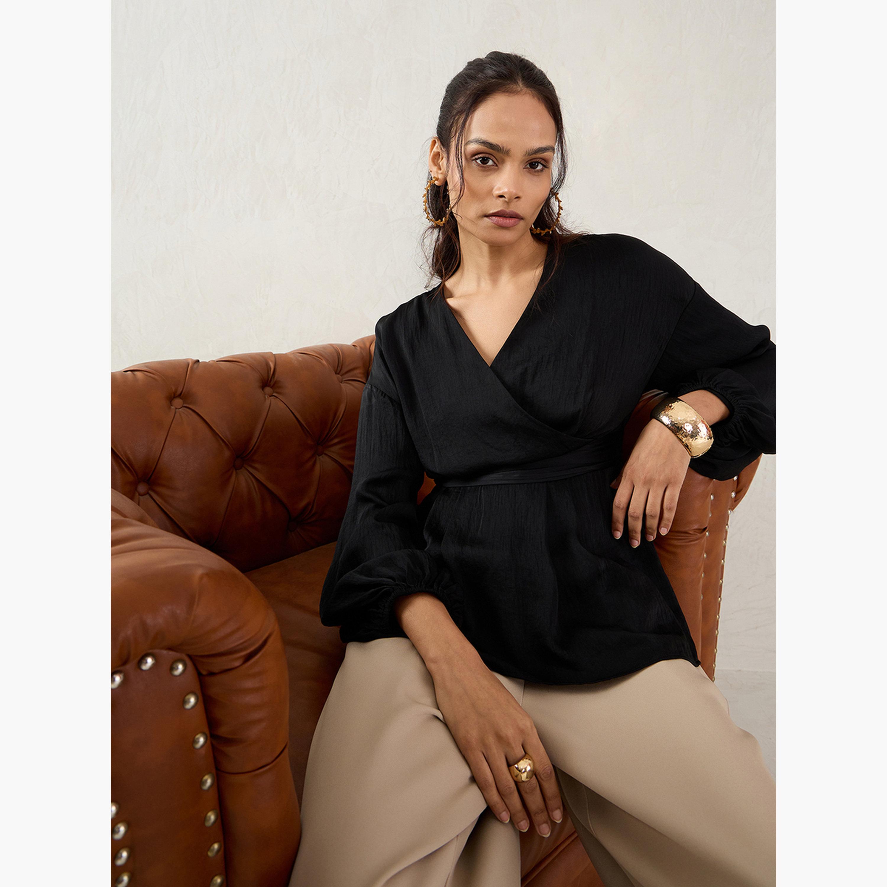 Femmella Women Black Balloon Sleeve Wrap Top-women-clothing-shirtsandblouses-blouses-image-6