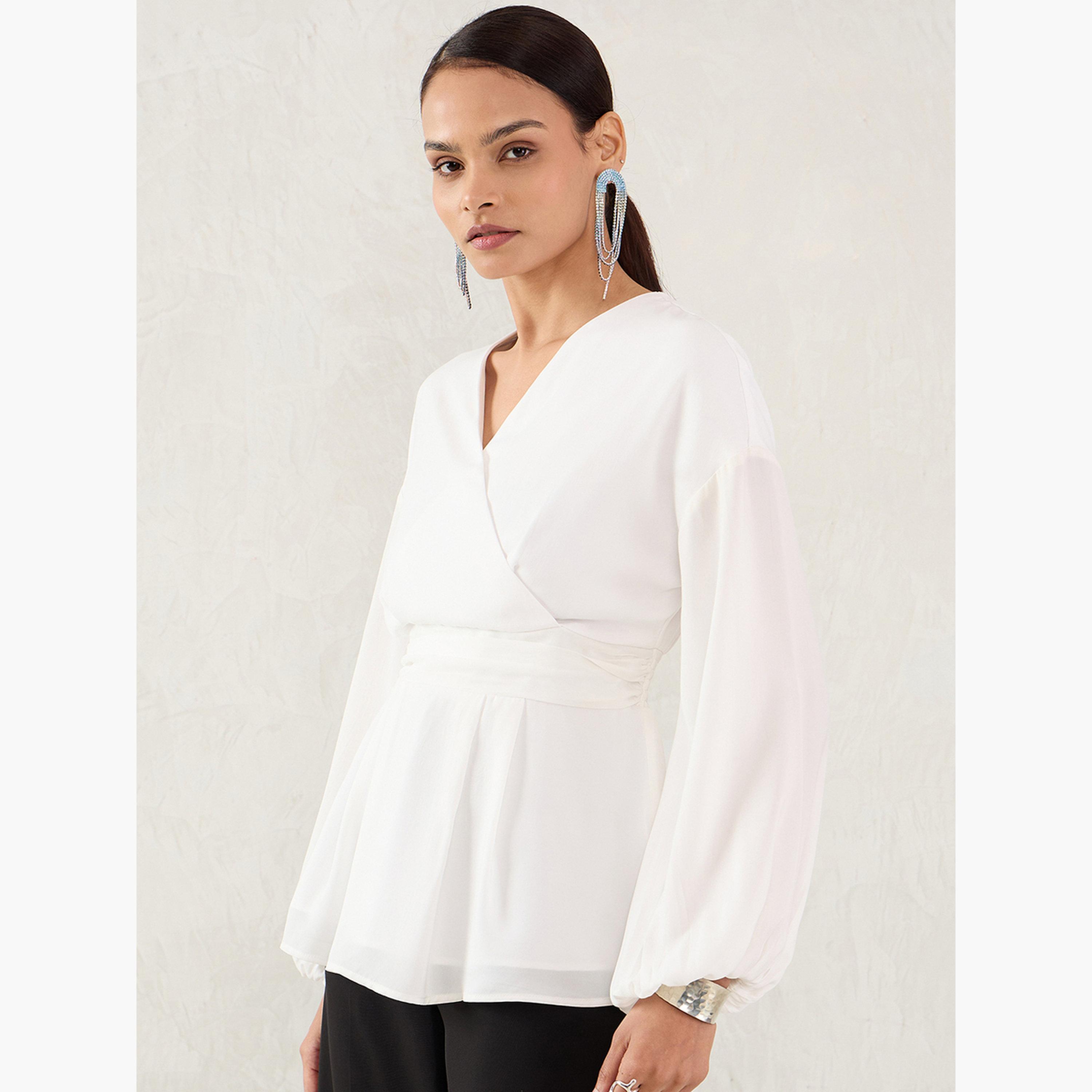 Femmella Women White Balloon Sleeve Wrap Top-women-clothing-shirtsandblouses-blouses-image-3
