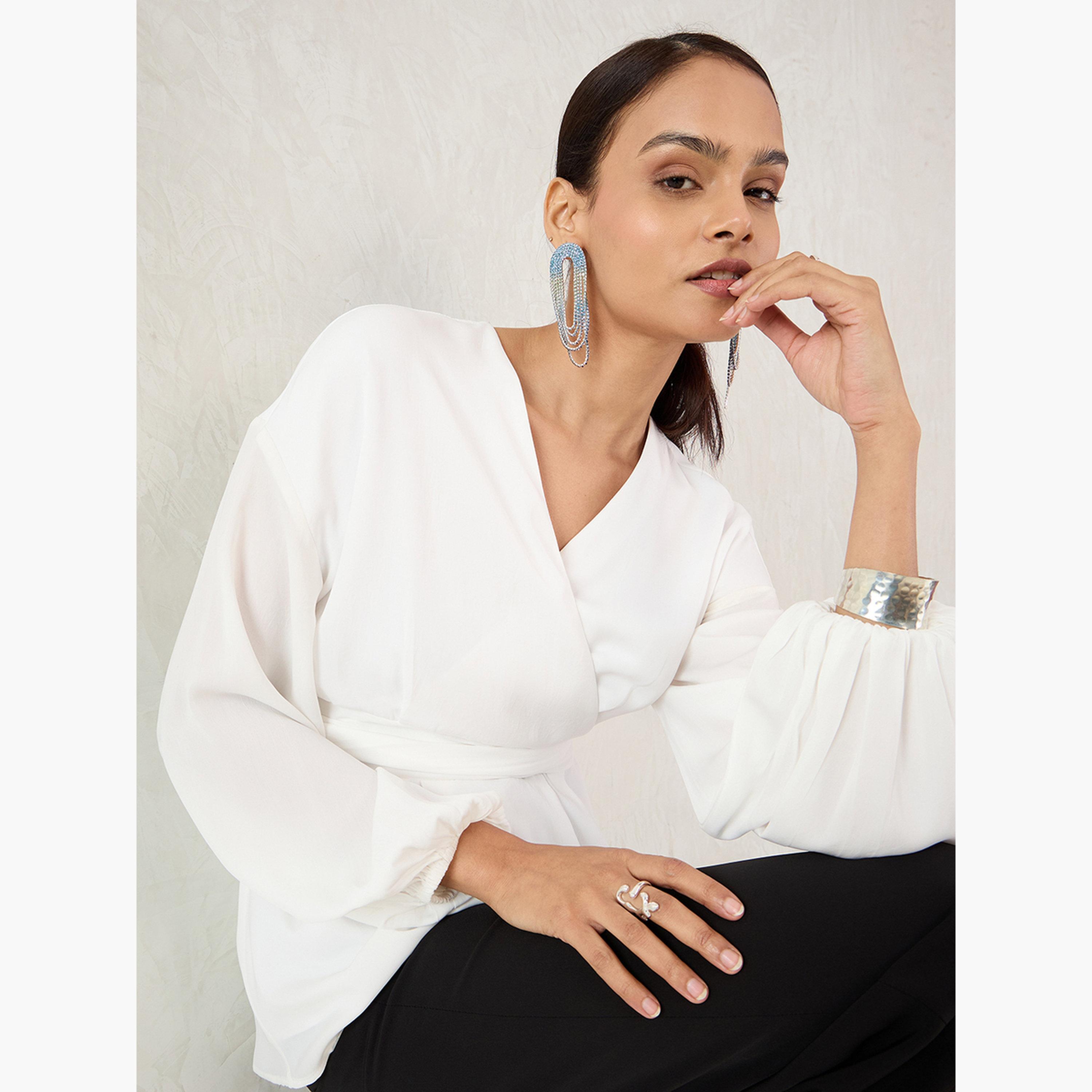 Femmella Women White Balloon Sleeve Wrap Top-women-clothing-shirtsandblouses-blouses-image-6