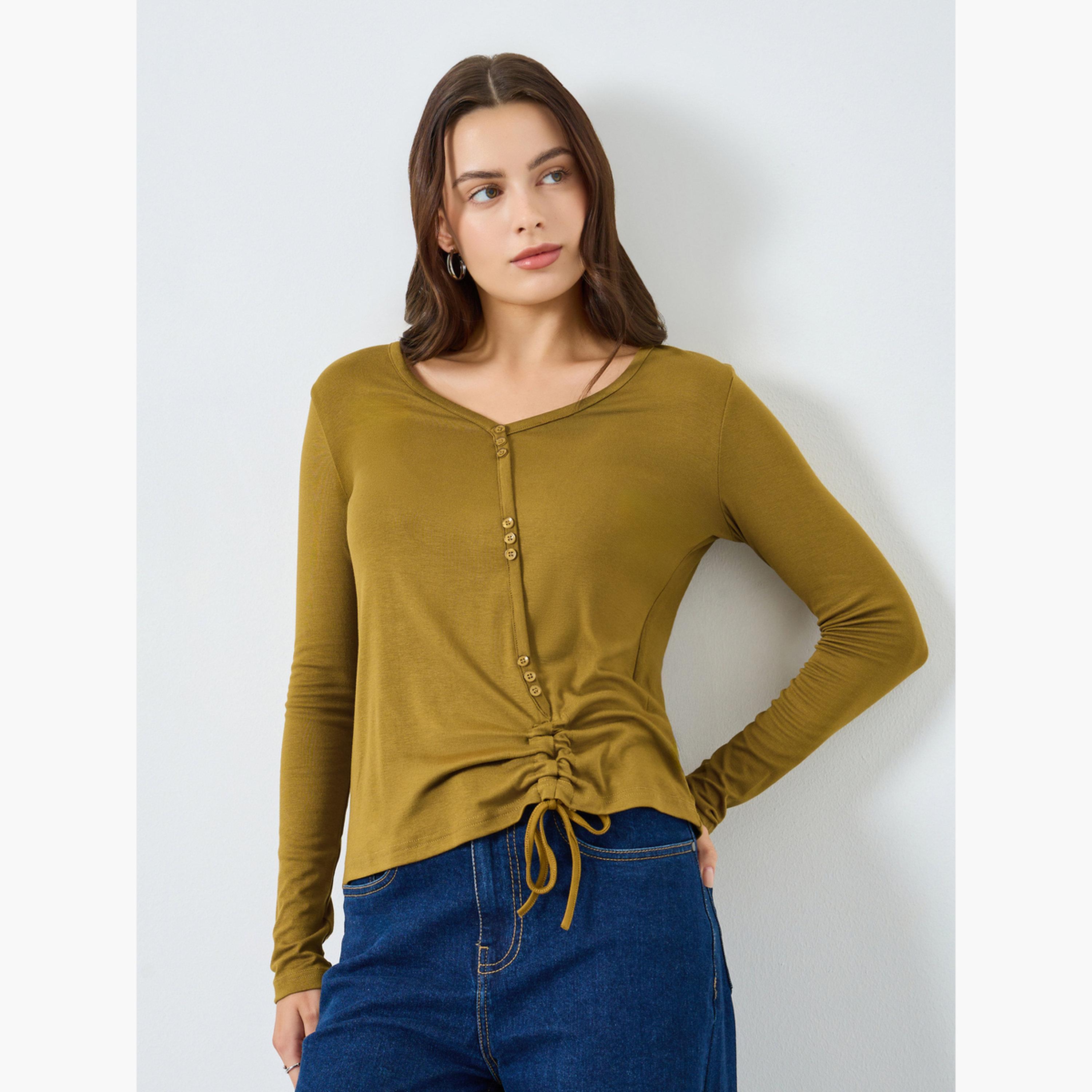 Styli Women Drawstring Buttoned Knit Top-women-clothing-tshirts-image-1