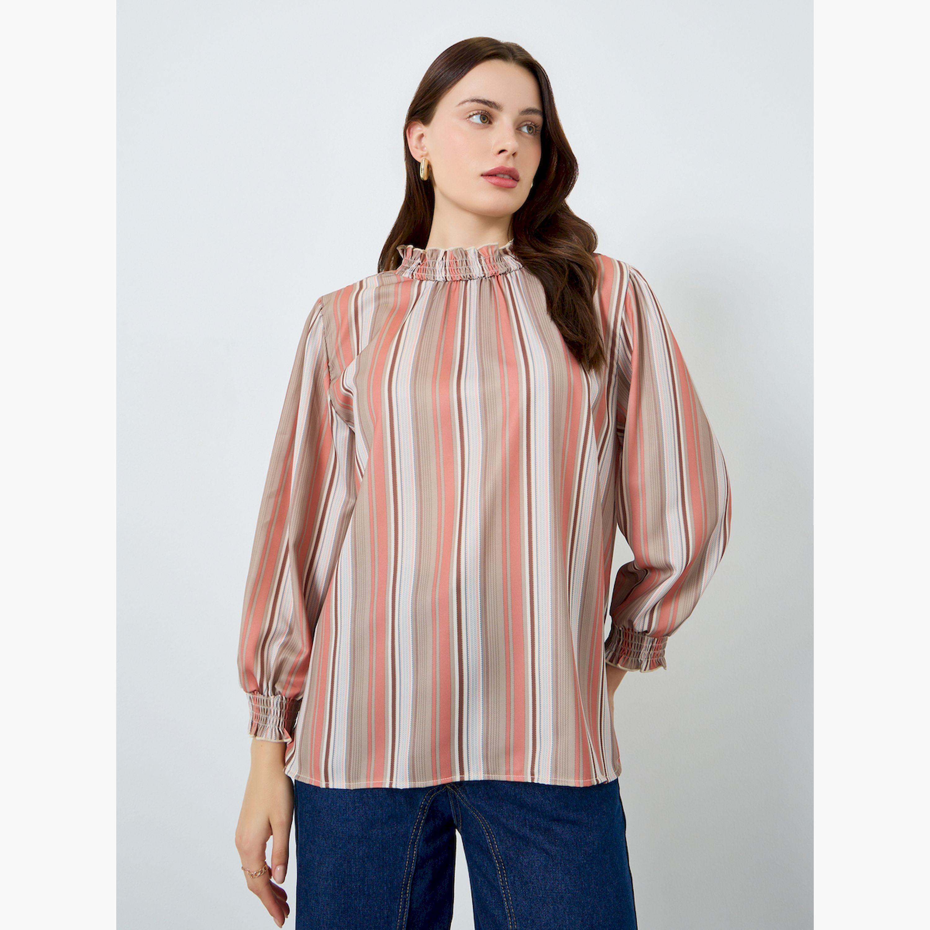 بلوزة مخطط بياقة كشكش وأكمام طويلة-women-clothing-shirtsandblouses-blouses-image-1