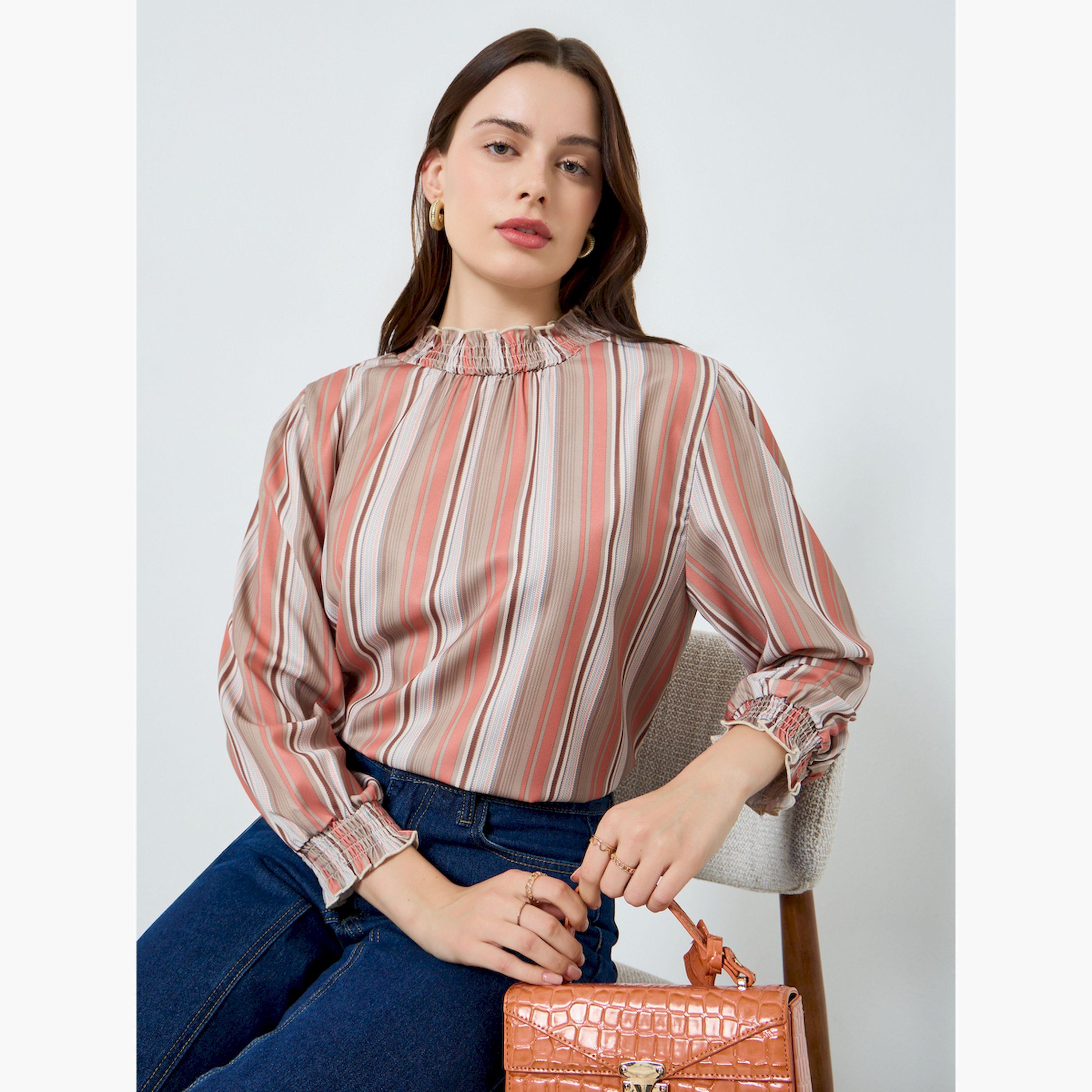 بلوزة مخطط بياقة كشكش وأكمام طويلة-women-clothing-shirtsandblouses-blouses-image-3