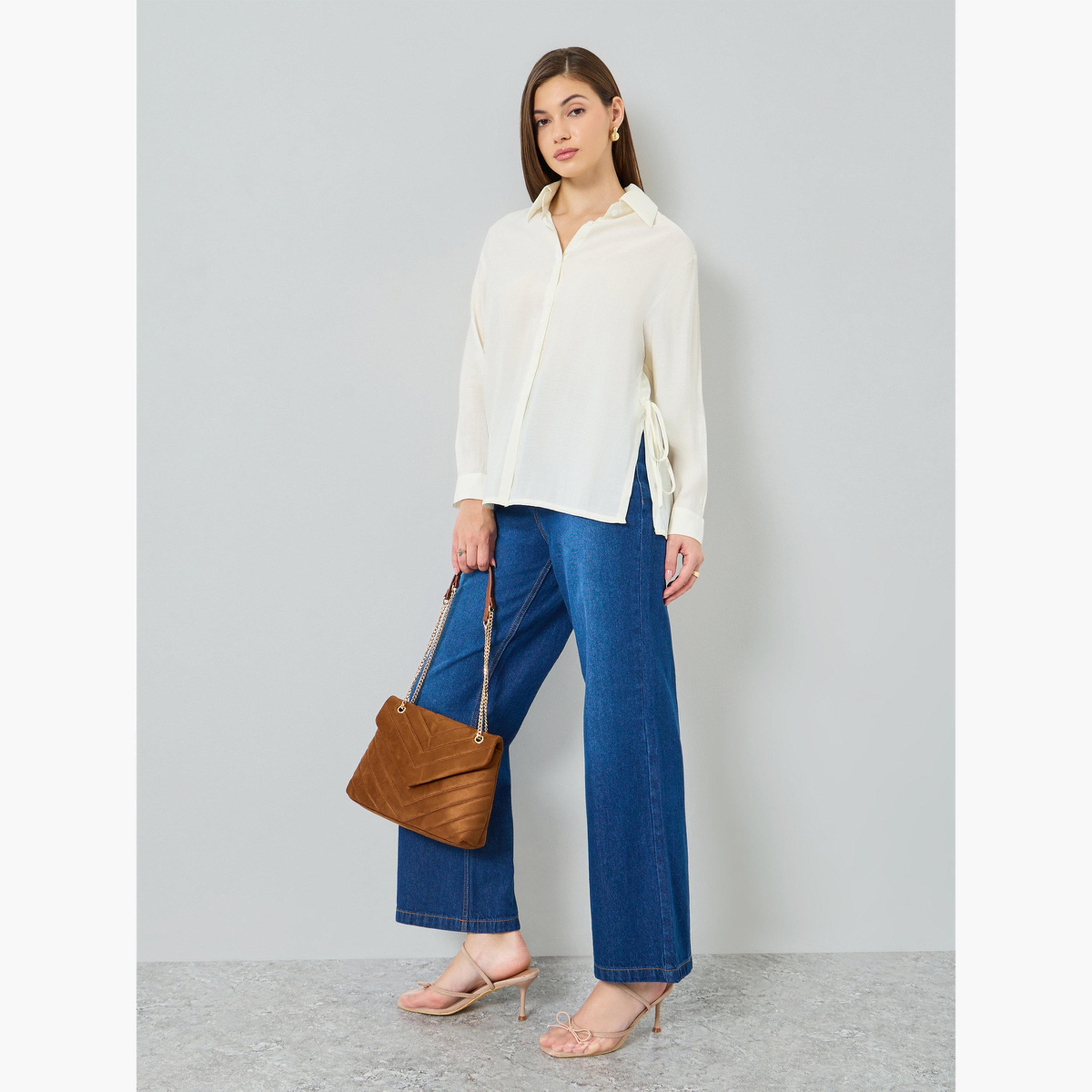 Styli Women Off White Sheer Shirt with Side Tie Detail-women-clothing-shirtsandblouses-shirts-image-2