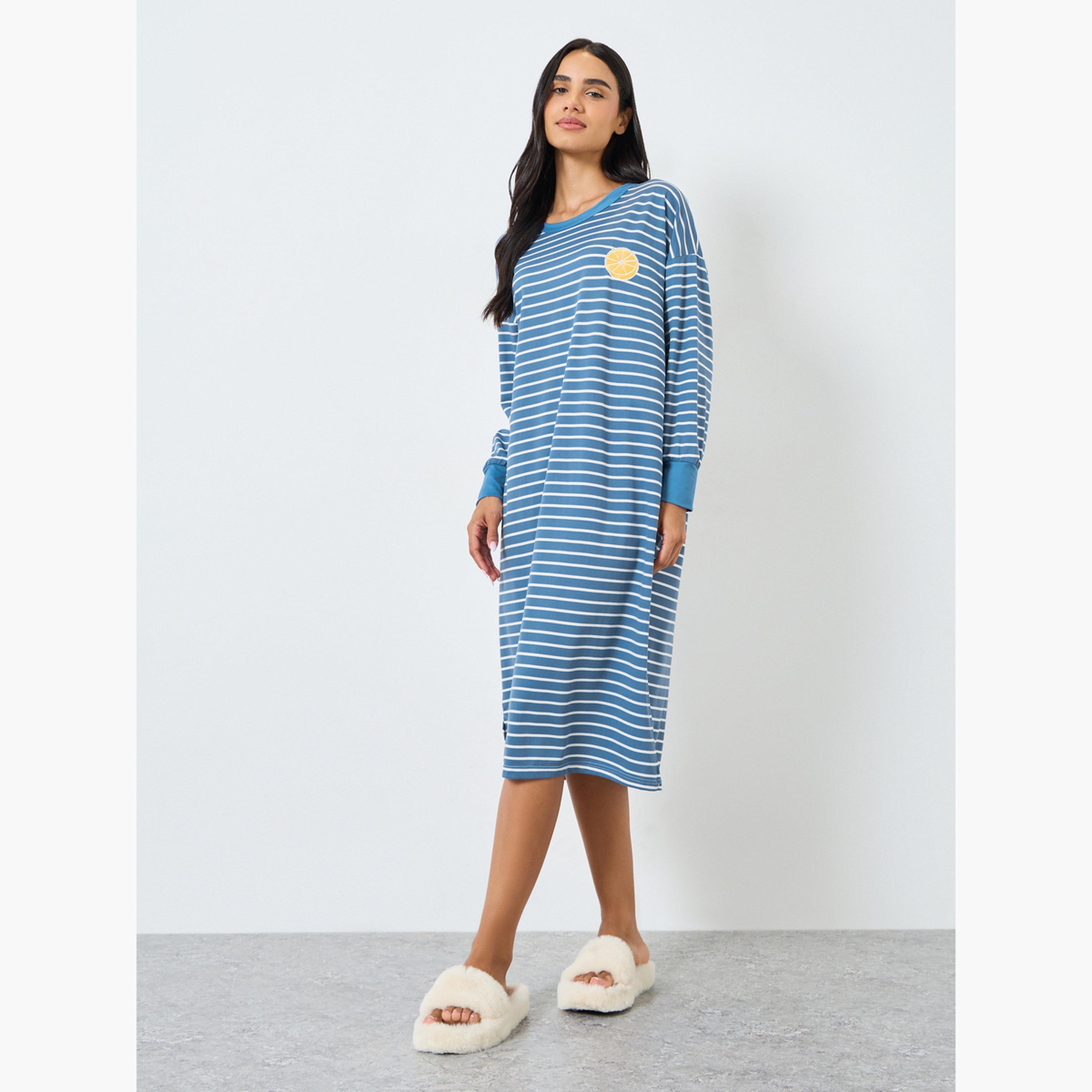 قميص نوم مخطط بأكمام طويلة ومزخرف بزهور-women-clothing-nightwear-nighties-image-1