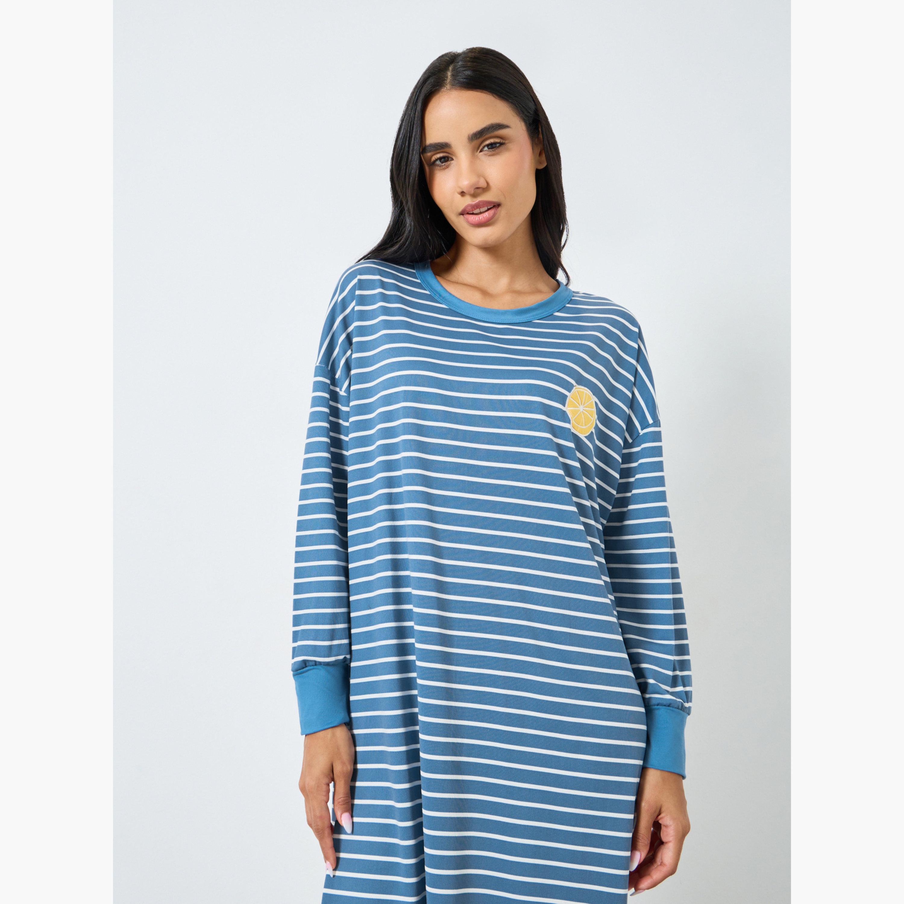 قميص نوم مخطط بأكمام طويلة ومزخرف بزهور-women-clothing-nightwear-nighties-image-2