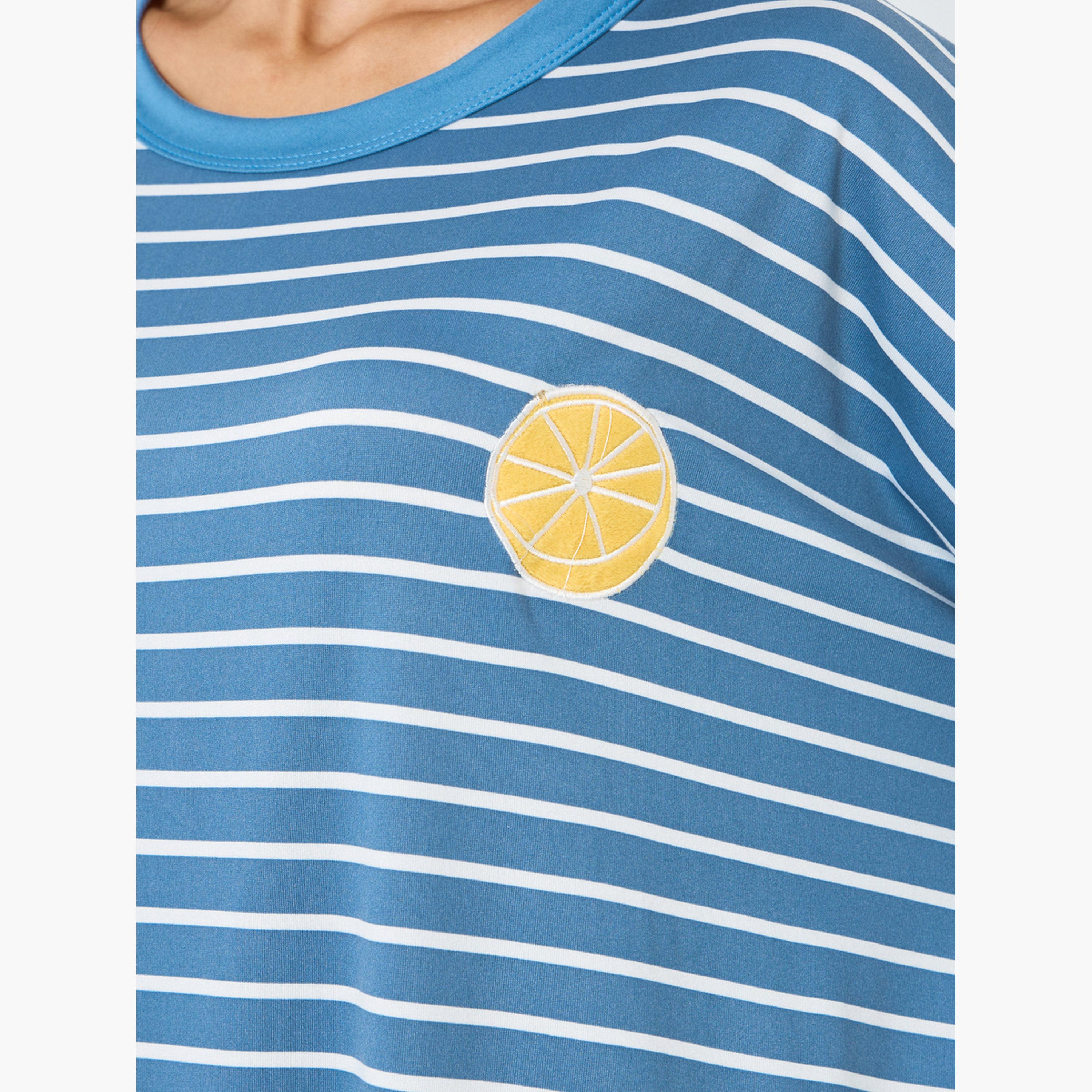 Styli Striped Long Sleeve Sleep Dress with Flower Applique-women-clothing-nightwear-nighties-image-3
