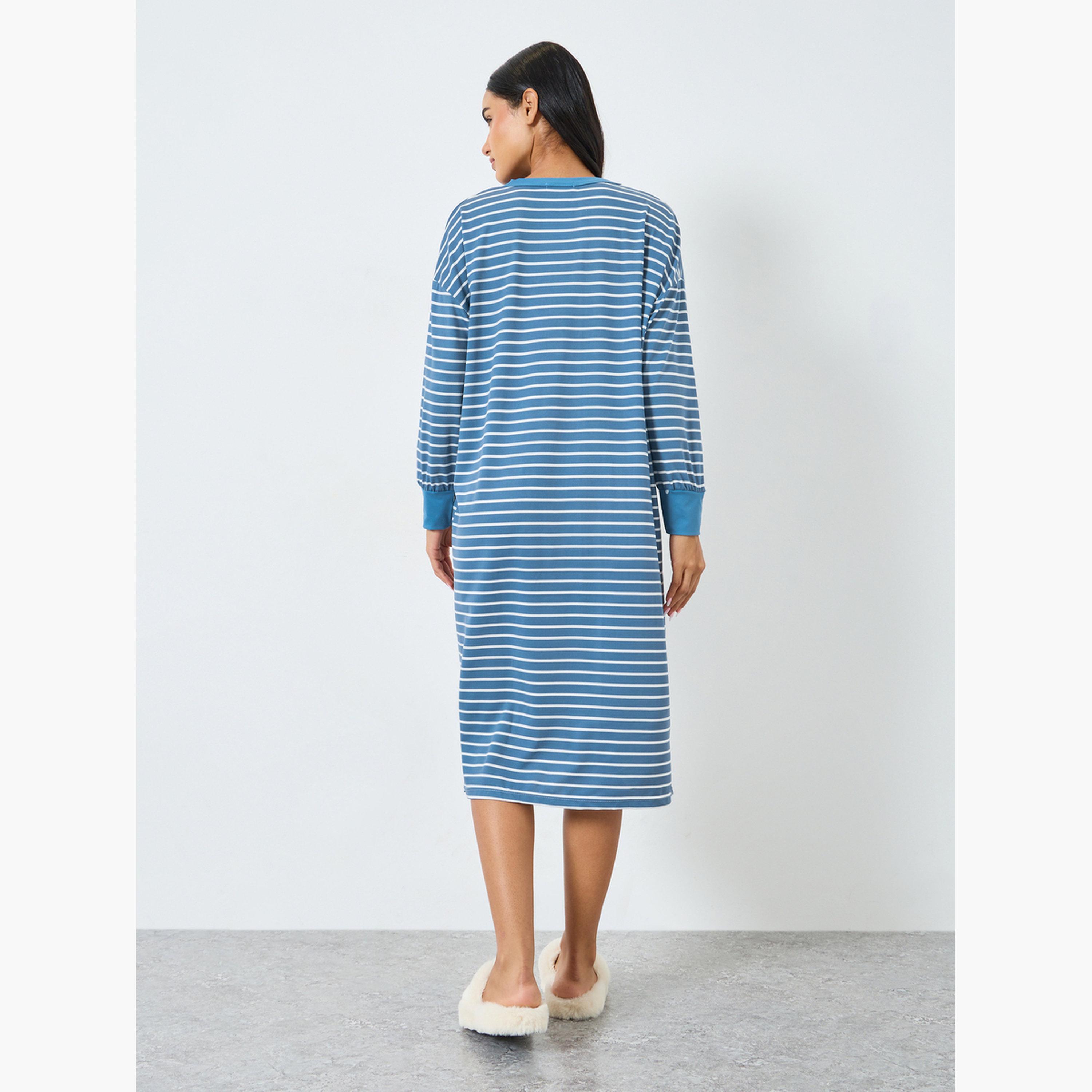 قميص نوم مخطط بأكمام طويلة ومزخرف بزهور-women-clothing-nightwear-nighties-image-4