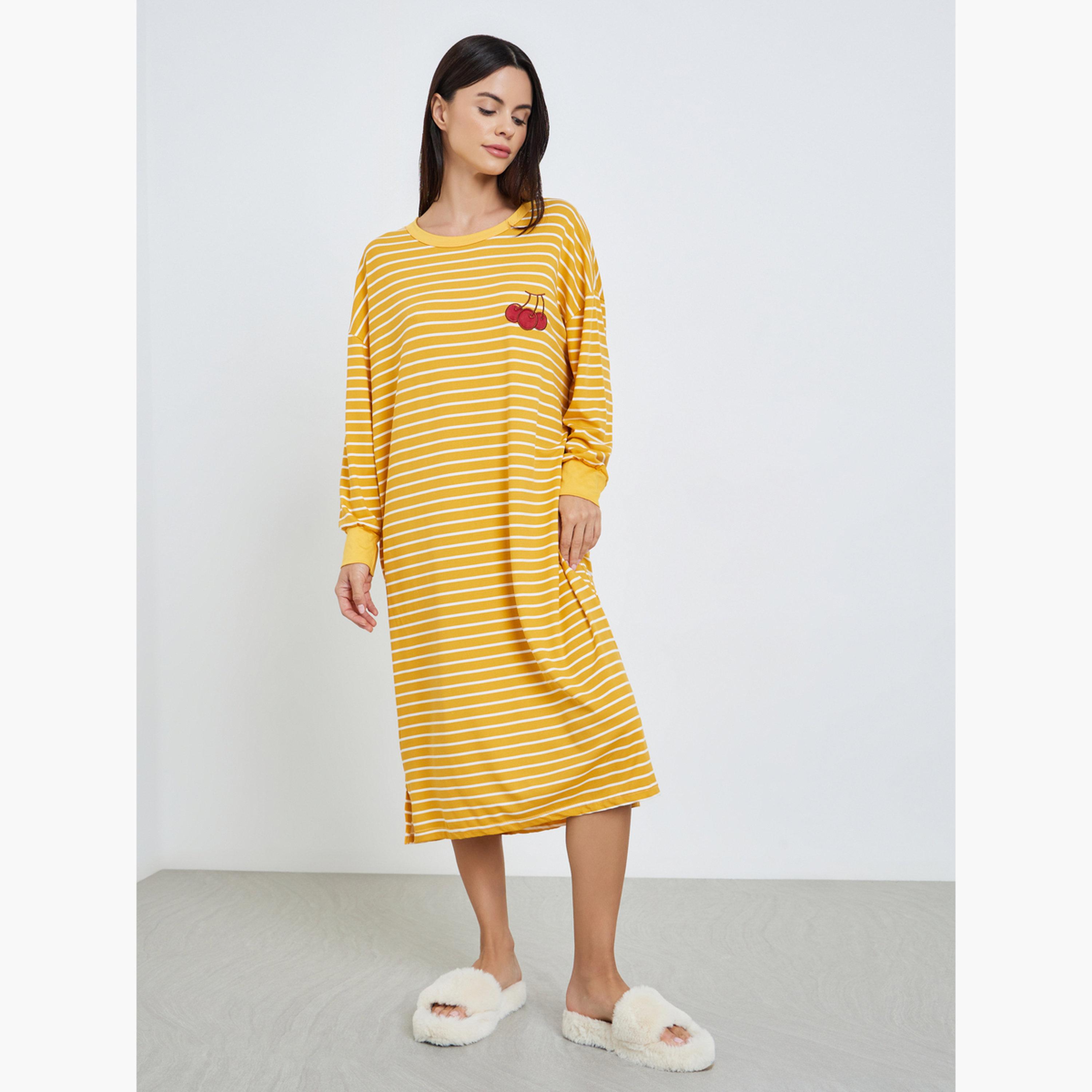 قميص نوم مطرز ومخطط للنساء-women-clothing-nightwear-nighties-image-1