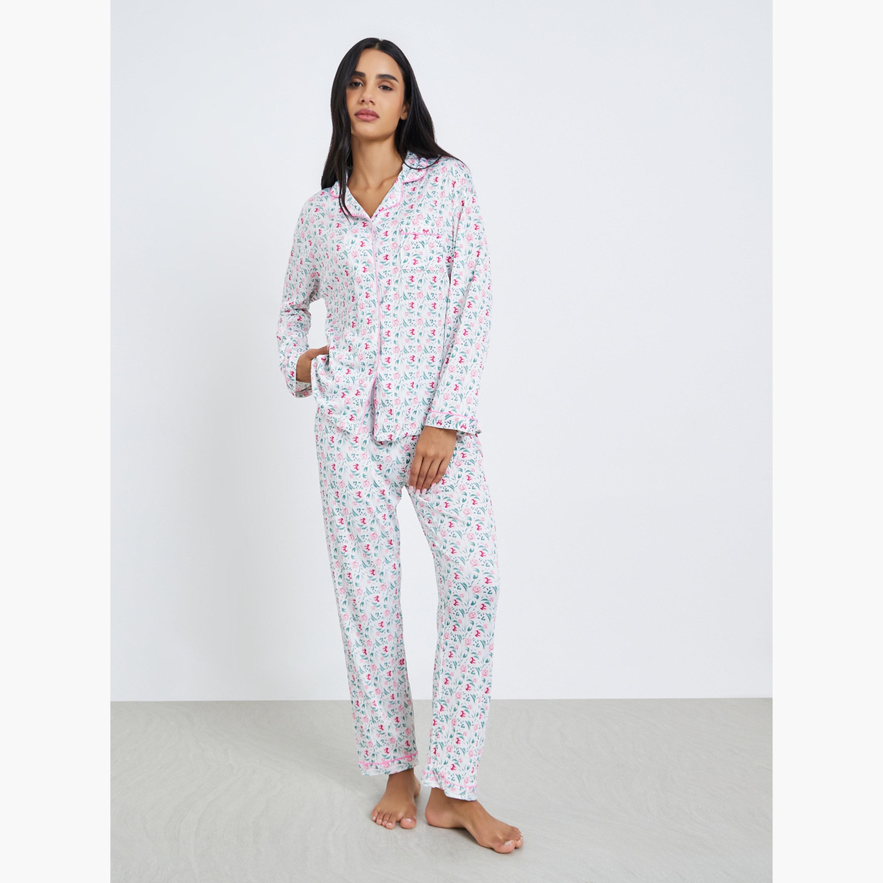 Styli Floral Print Shirt and Pyjama Set-women-clothing-nightwear-pyjamas-longsets-image-1