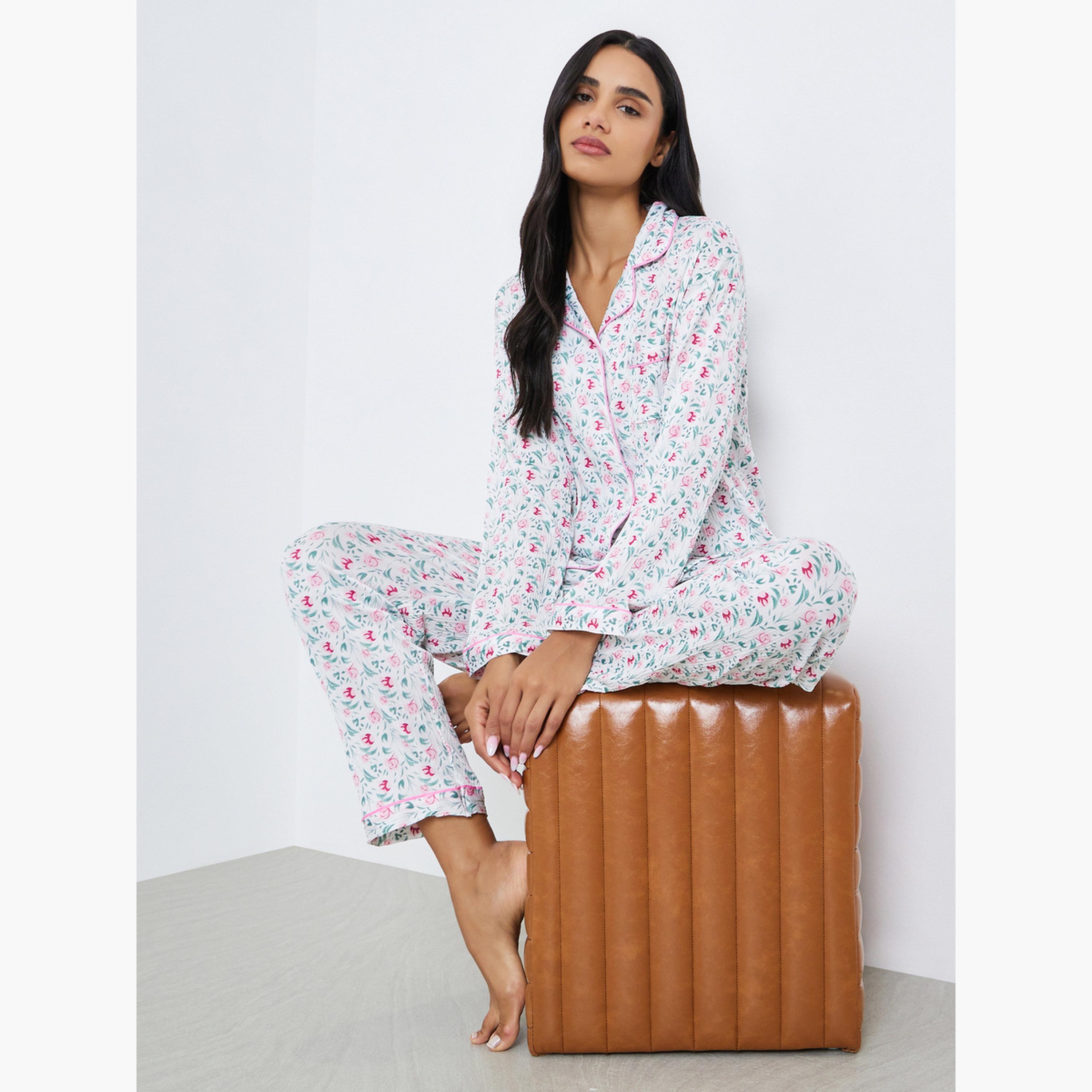 Styli Floral Print Shirt and Pyjama Set-women-clothing-nightwear-pyjamas-longsets-image-3