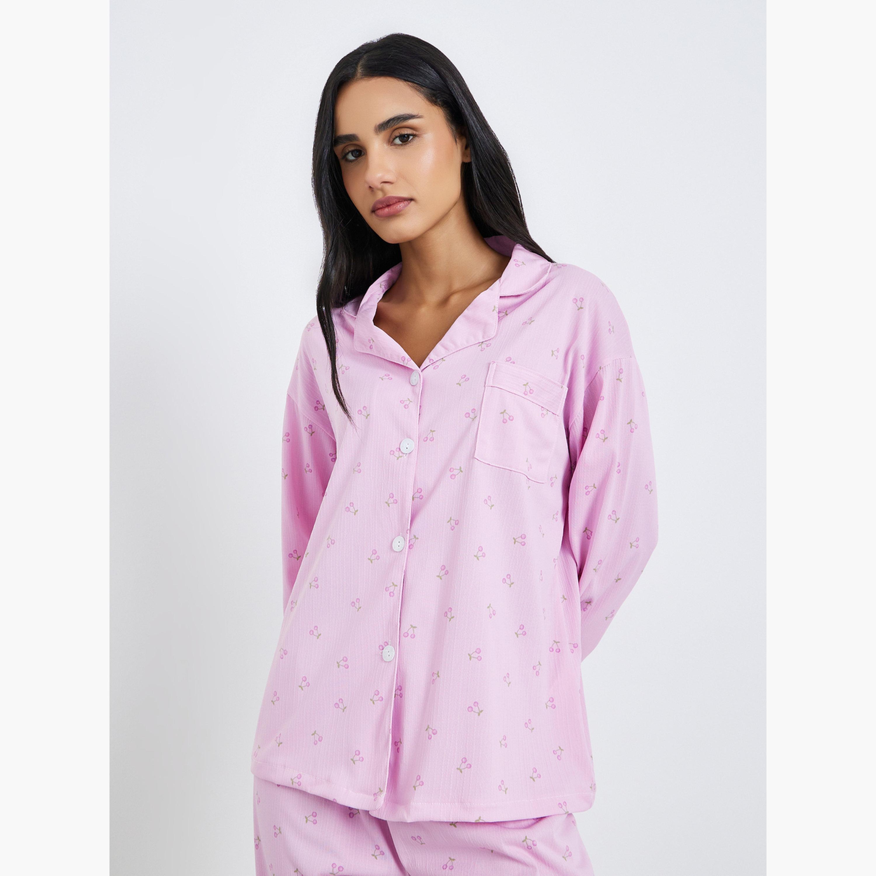 طقم بيجاما من بنطال وقميص بطبعة زهور صغيرة-women-clothing-nightwear-pyjamas-longsets-image-2