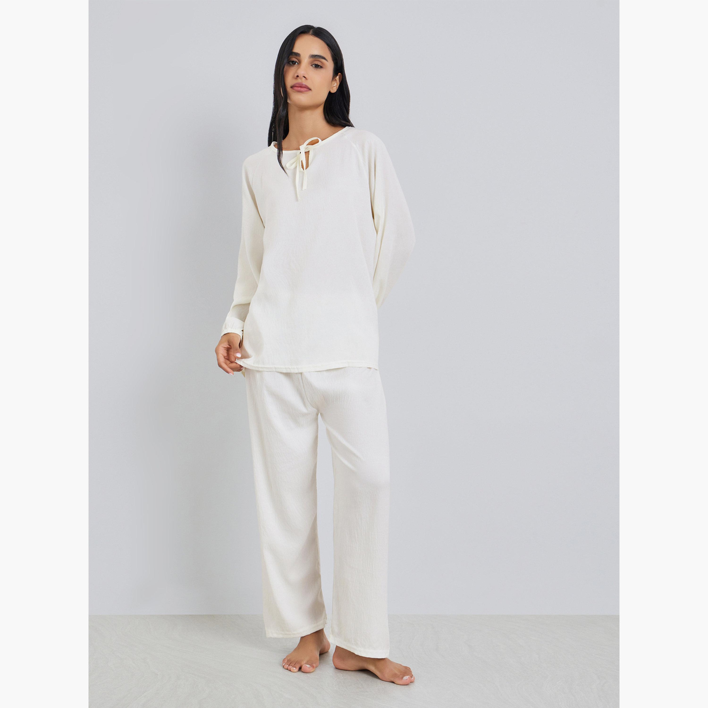 طقم بيجاما من بنطال وبلوزة سادة-women-clothing-nightwear-pyjamas-longsets-image-1