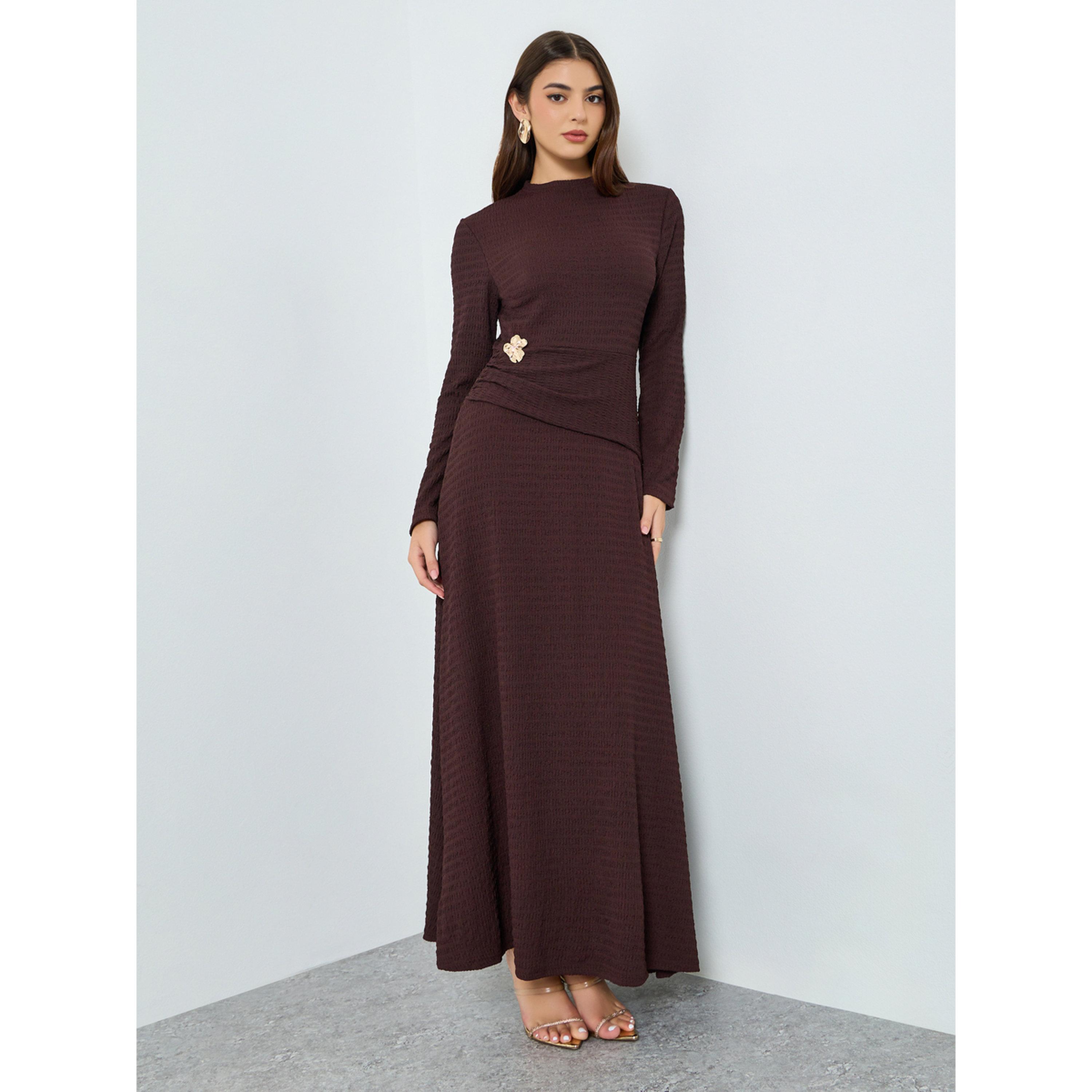 Styli Women Brown Texture Knitted Buckle Detail Maxi Dress-women-clothing-dresses-image-1