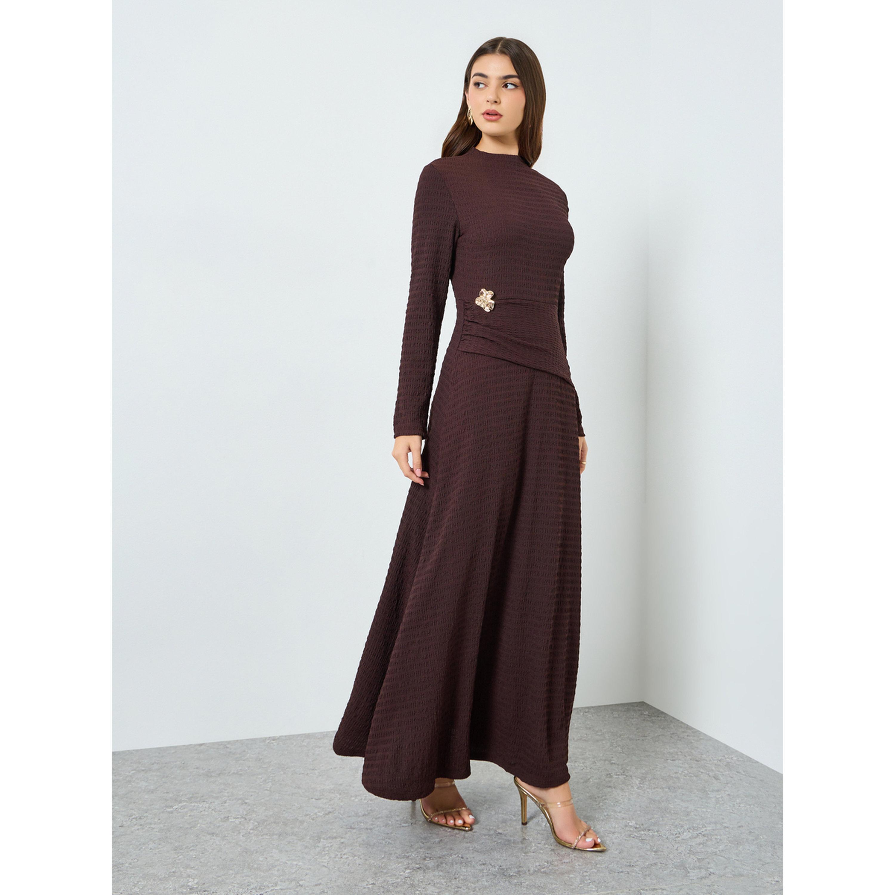 Styli Women Brown Texture Knitted Buckle Detail Maxi Dress-women-clothing-dresses-image-2