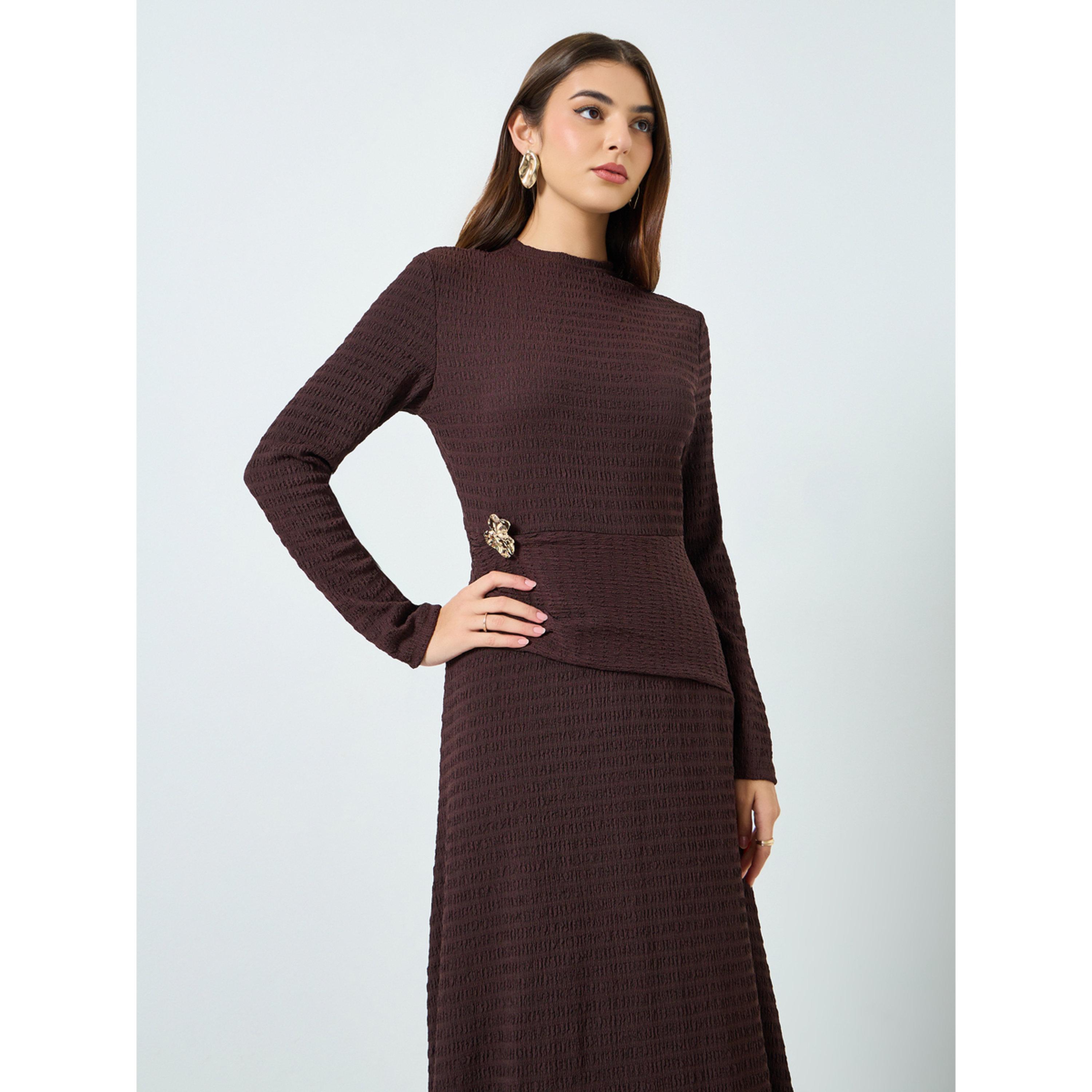 Styli Women Brown Texture Knitted Buckle Detail Maxi Dress-women-clothing-dresses-image-3