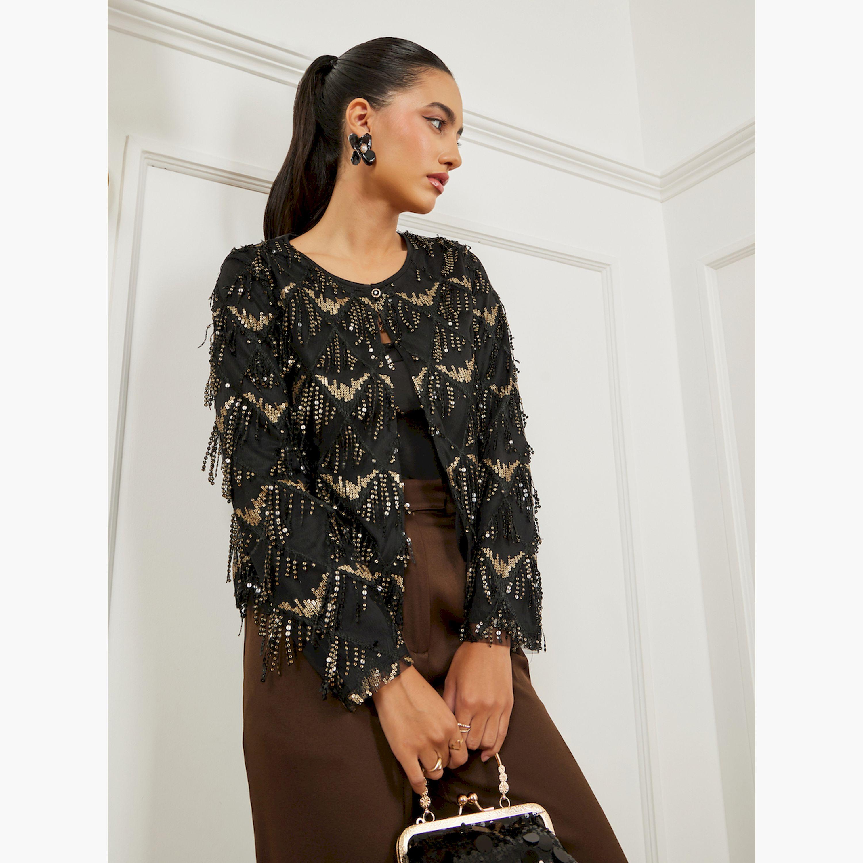 Styli Black Sequin Tassel Jacket-women-winterwear-coatsandjackets-jackets-image-1