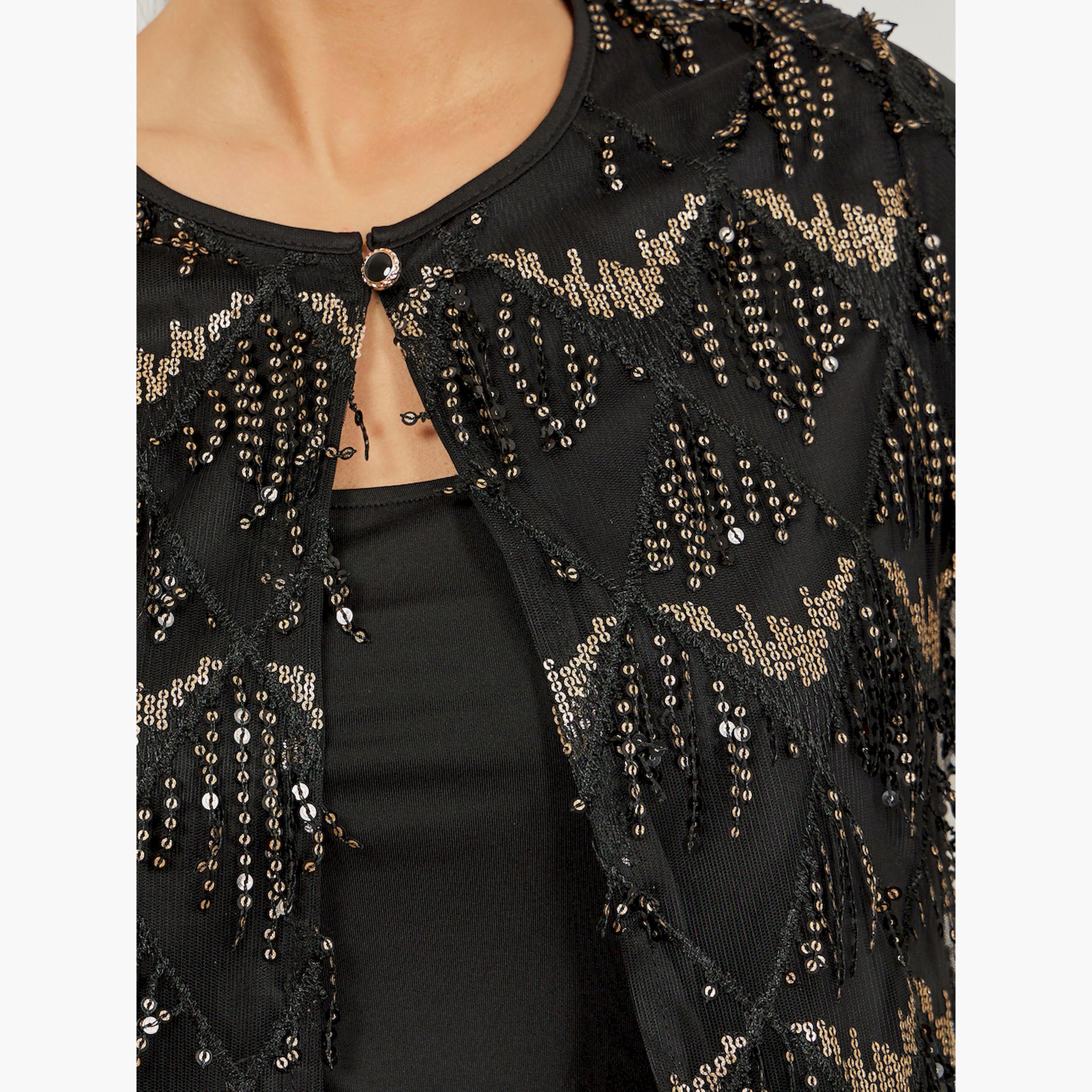 Styli Black Sequin Tassel Jacket-women-winterwear-coatsandjackets-jackets-image-3