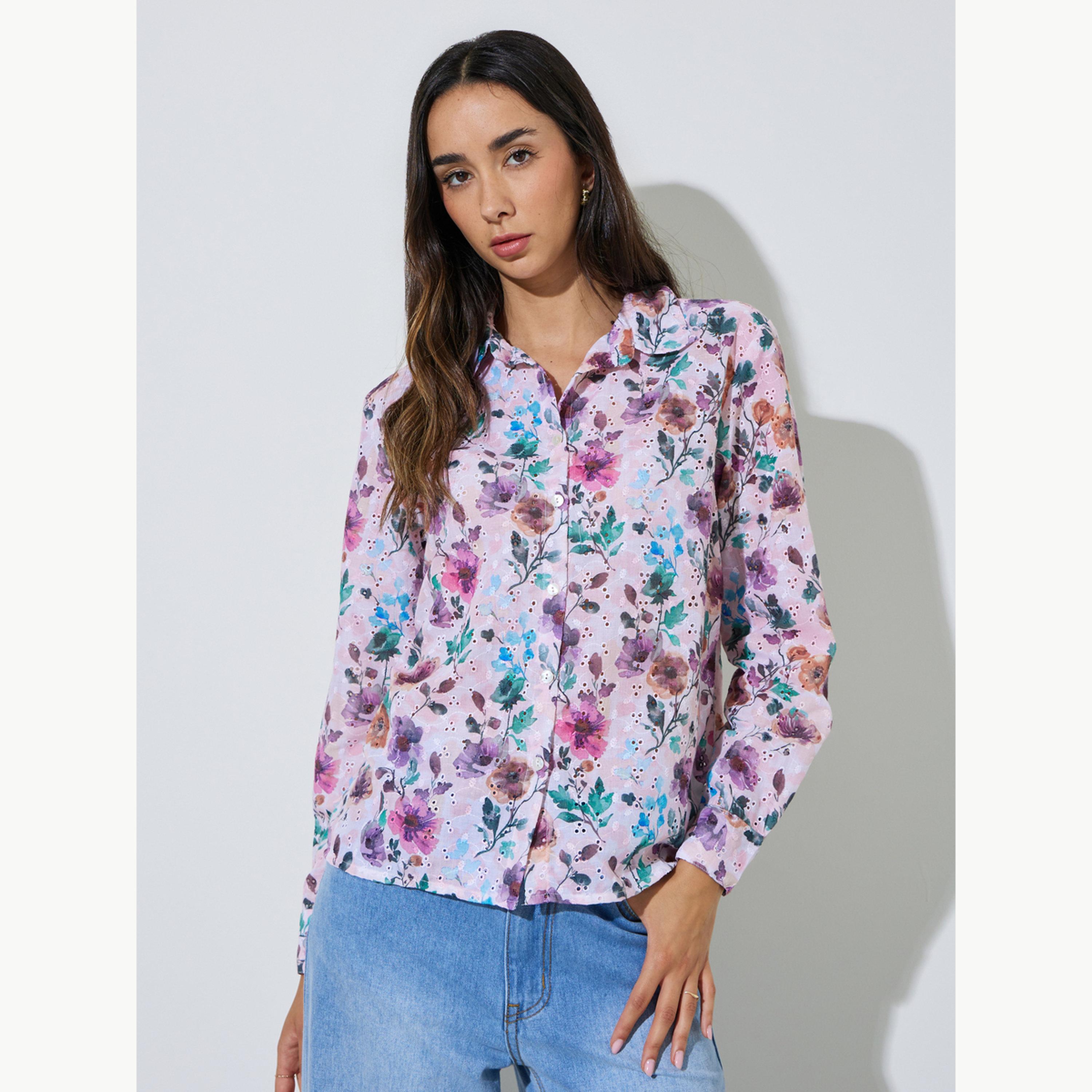 Styli Floral Print Cotton Schiffli Shirt-women-clothing-shirtsandblouses-shirts-image-1