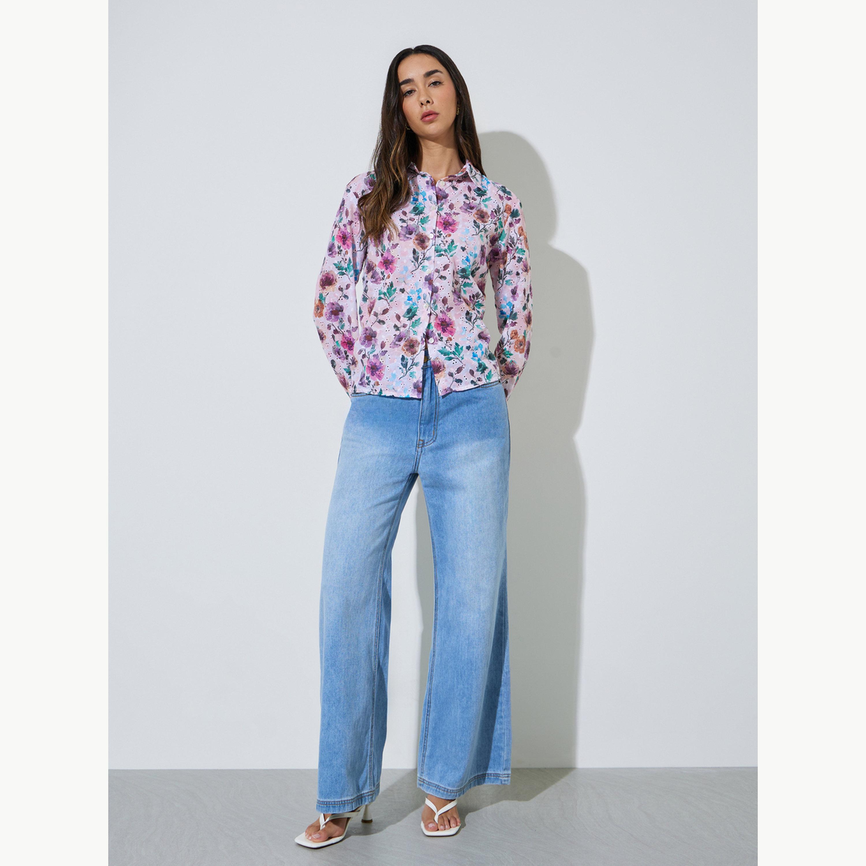 Styli Floral Print Cotton Schiffli Shirt-women-clothing-shirtsandblouses-shirts-image-2