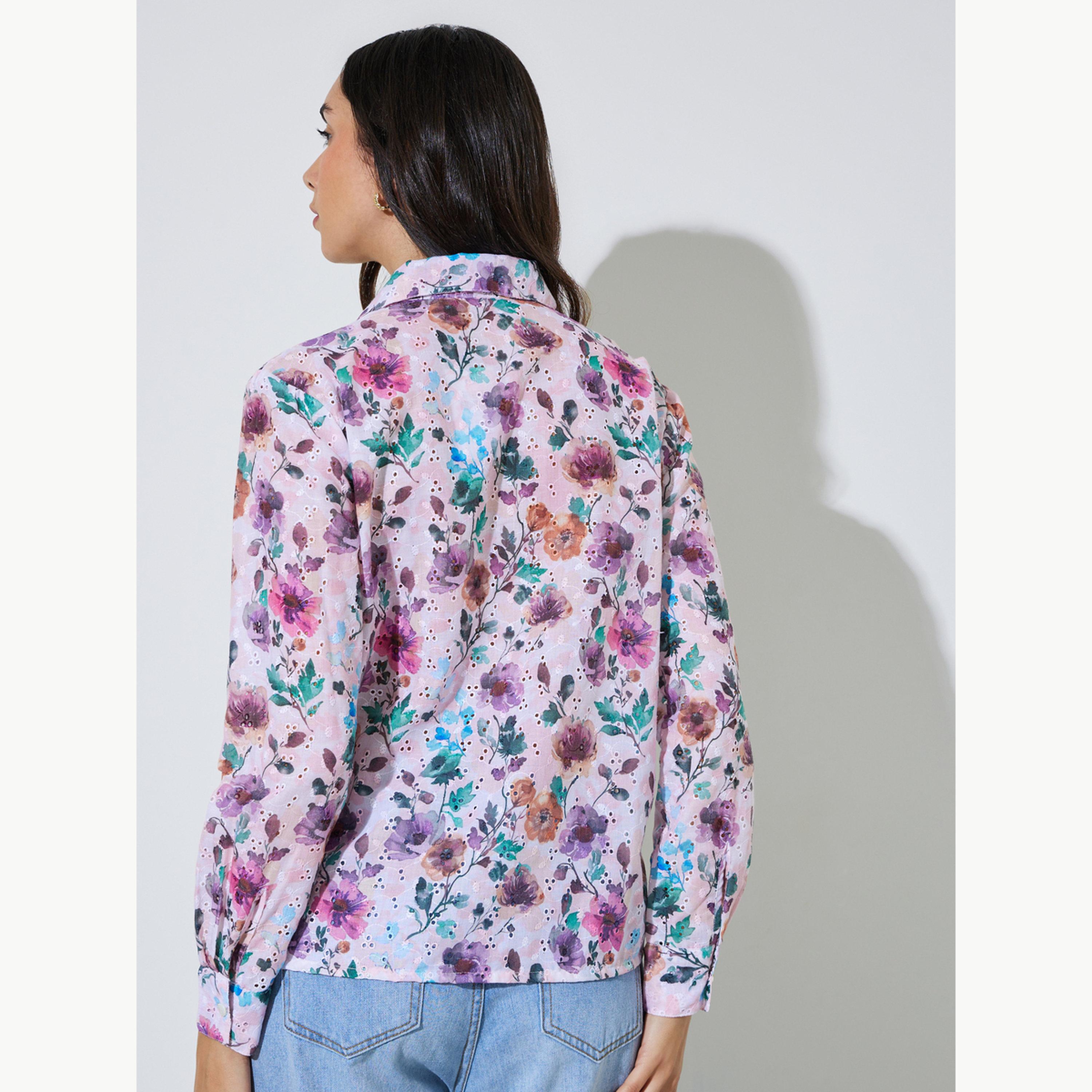 Styli Floral Print Cotton Schiffli Shirt-women-clothing-shirtsandblouses-shirts-image-3