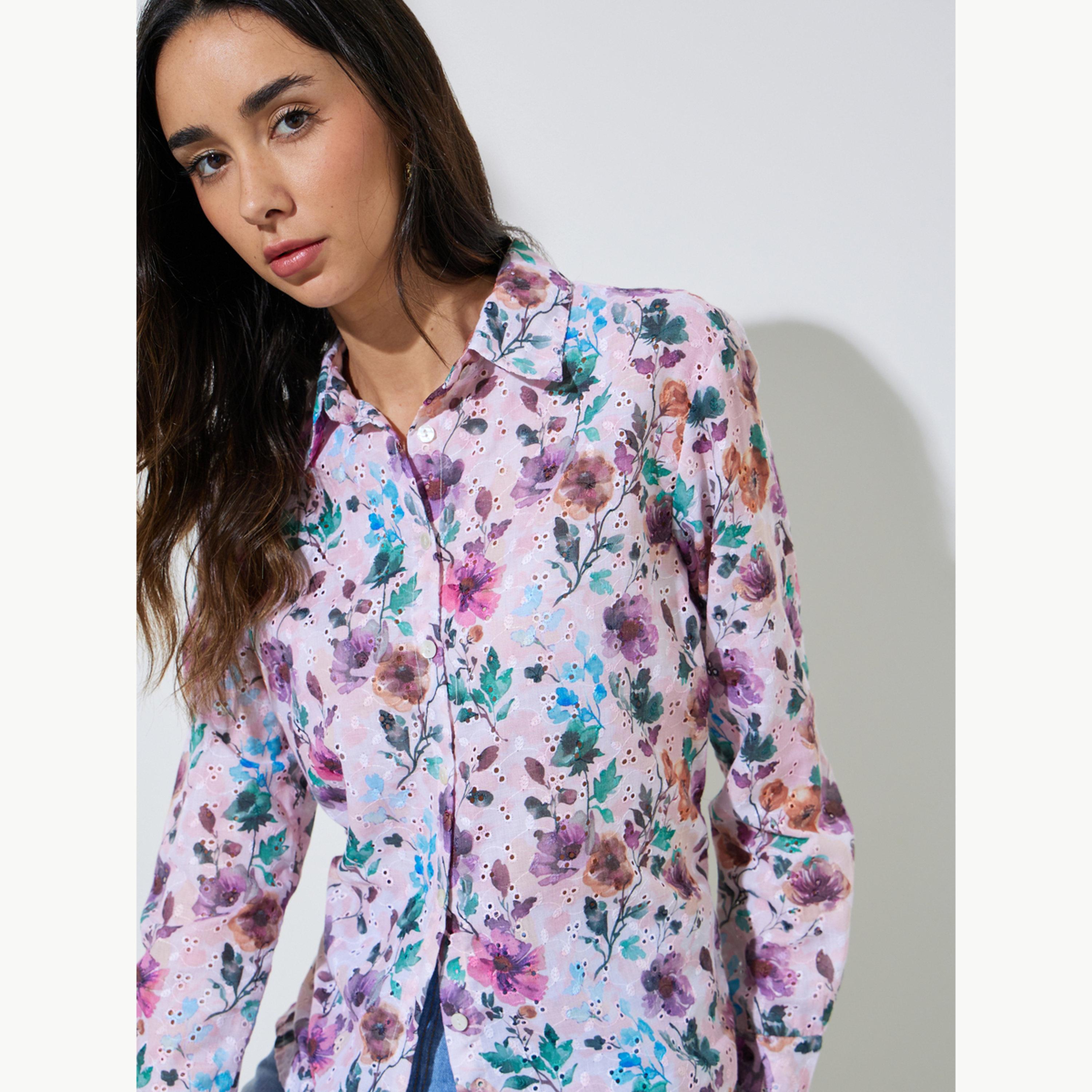 Styli Floral Print Cotton Schiffli Shirt-women-clothing-shirtsandblouses-shirts-image-5
