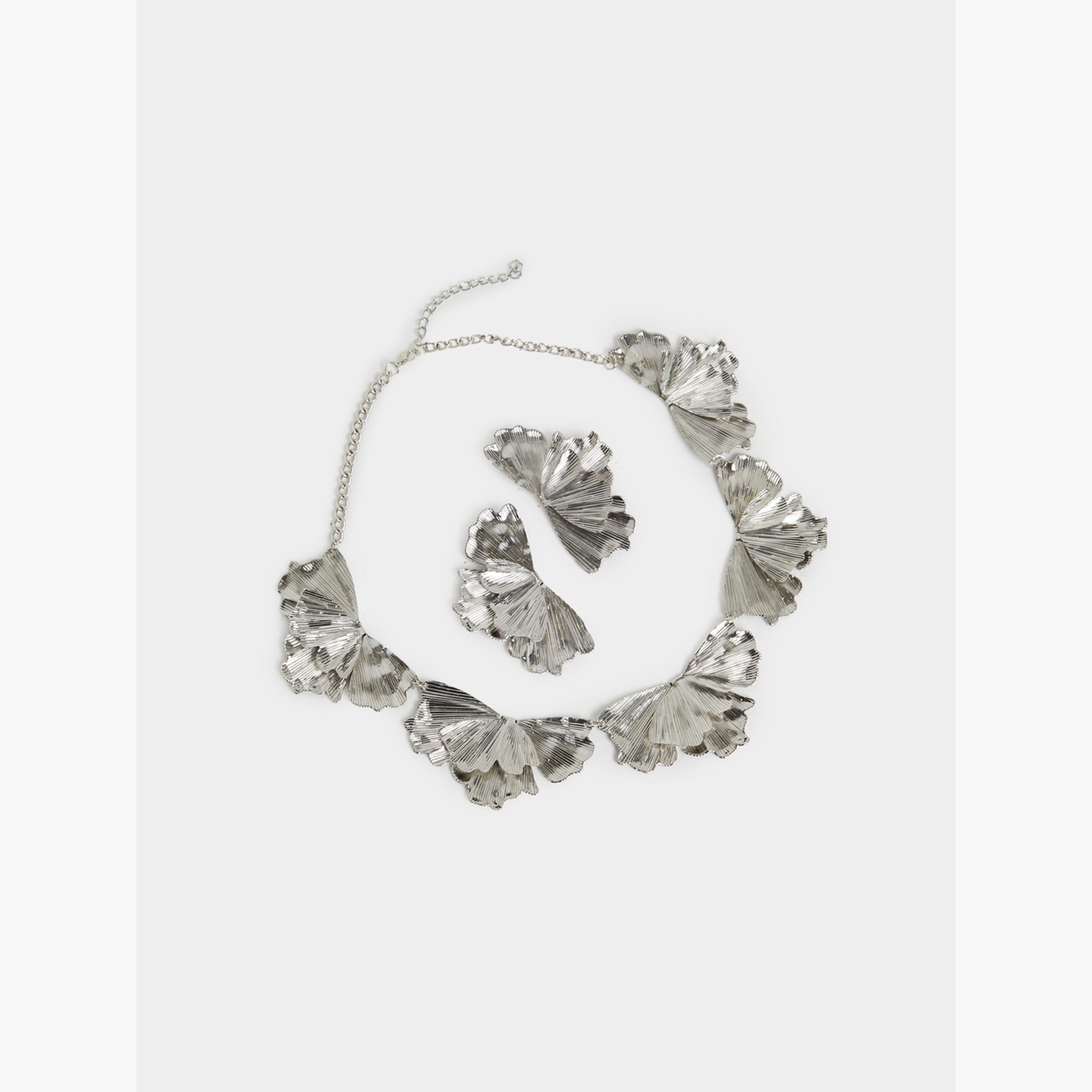 Styli Silver Embellished Leaf Necklace and Earrings Set-women-watchesandjewellery-jewellery-jewellerysets-image-1