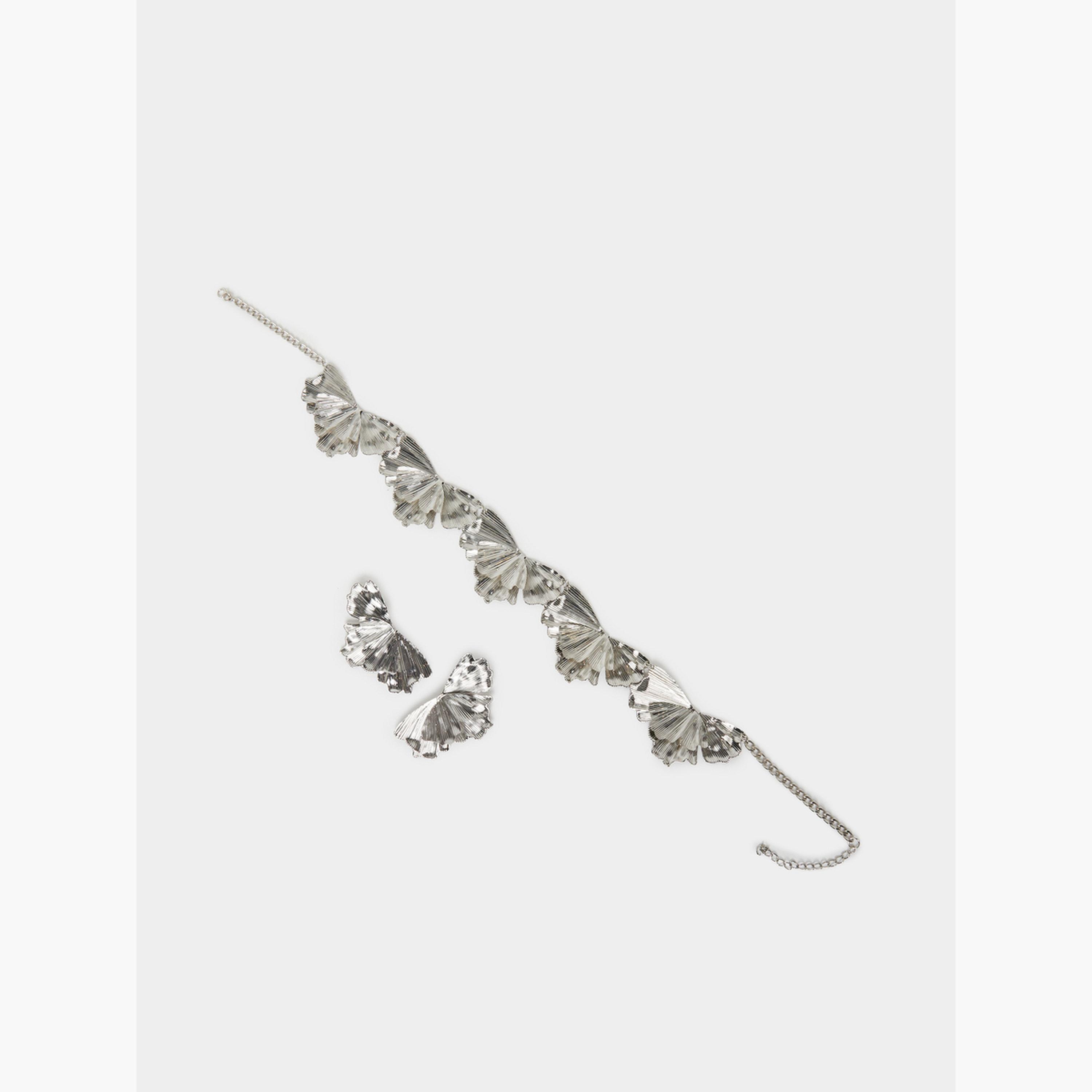 Styli Silver Embellished Leaf Necklace and Earrings Set-women-watchesandjewellery-jewellery-jewellerysets-image-2