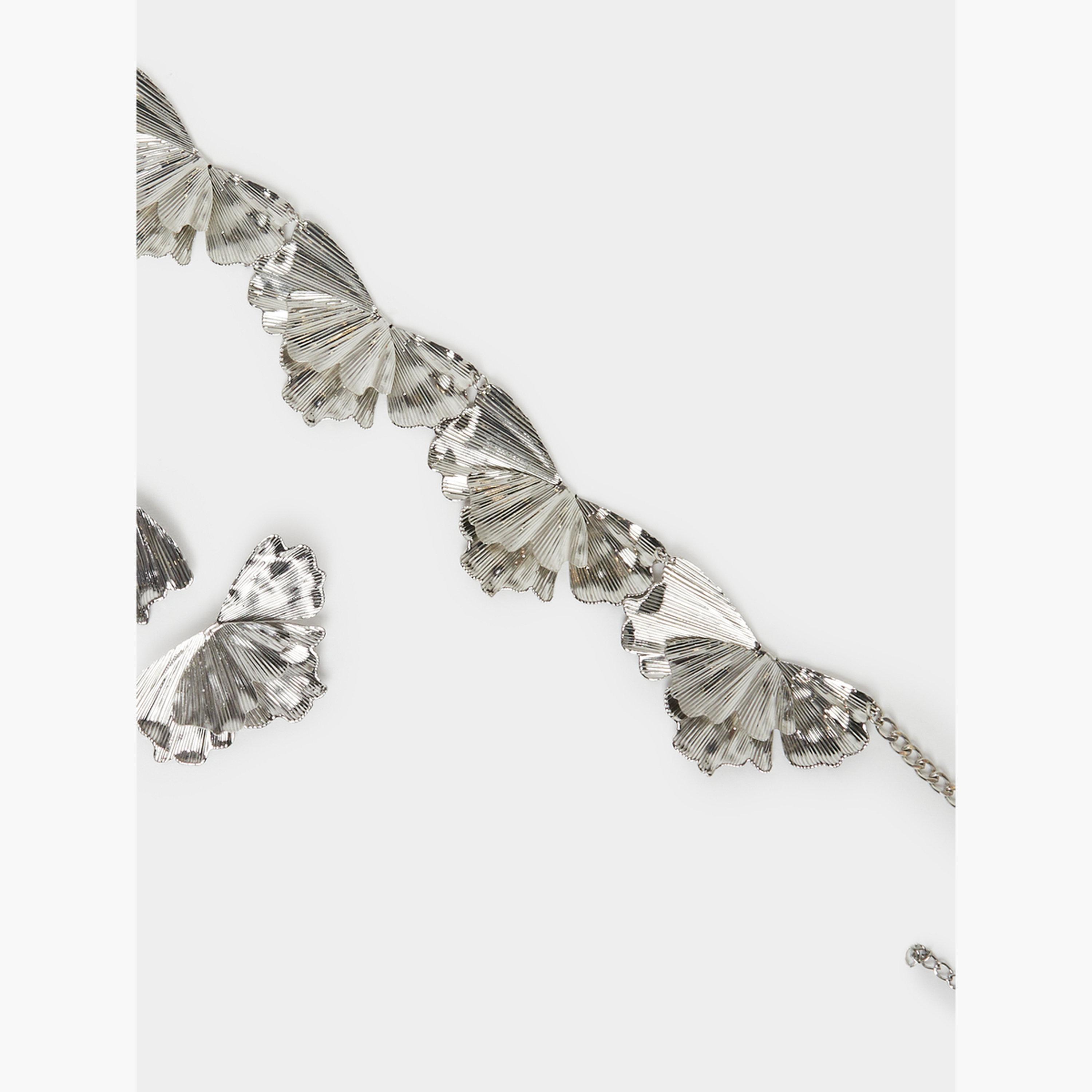 Styli Silver Embellished Leaf Necklace and Earrings Set-women-watchesandjewellery-jewellery-jewellerysets-image-3