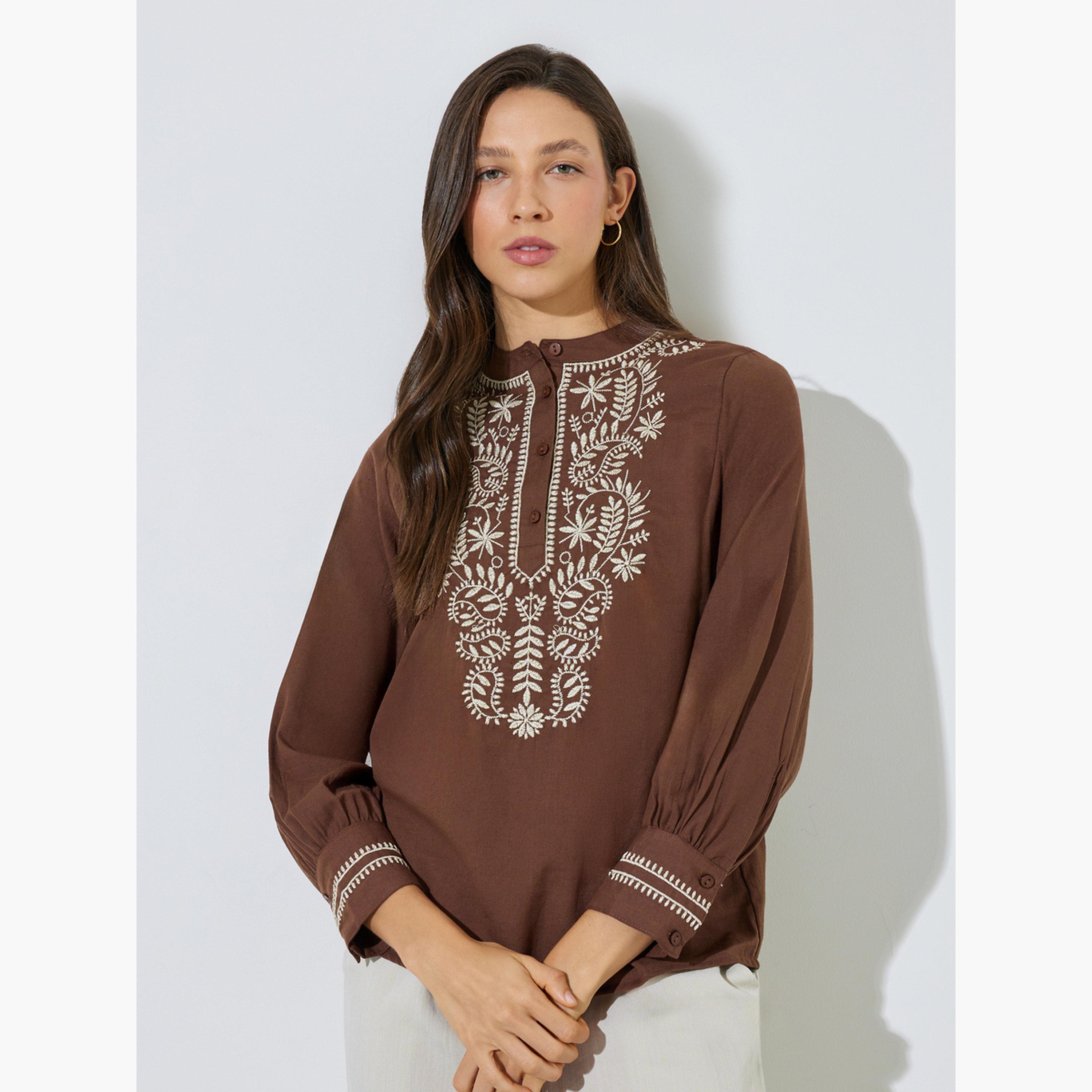 Styli Brown Cotton Embroidered Long Sleeve Blouse-women-clothing-shirtsandblouses-blouses-image-1