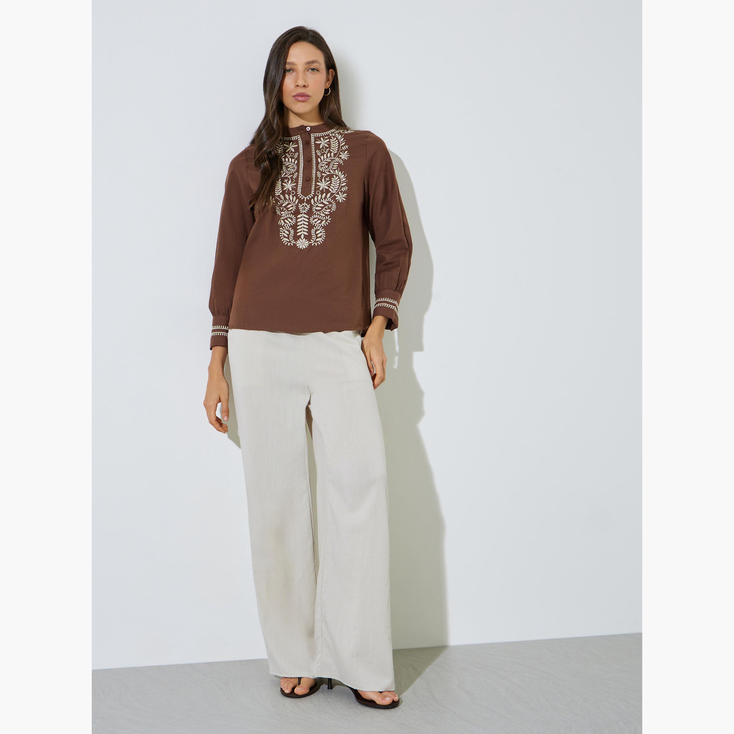 Styli Brown Cotton Embroidered Long Sleeve Blouse-women-clothing-shirtsandblouses-blouses-image-2