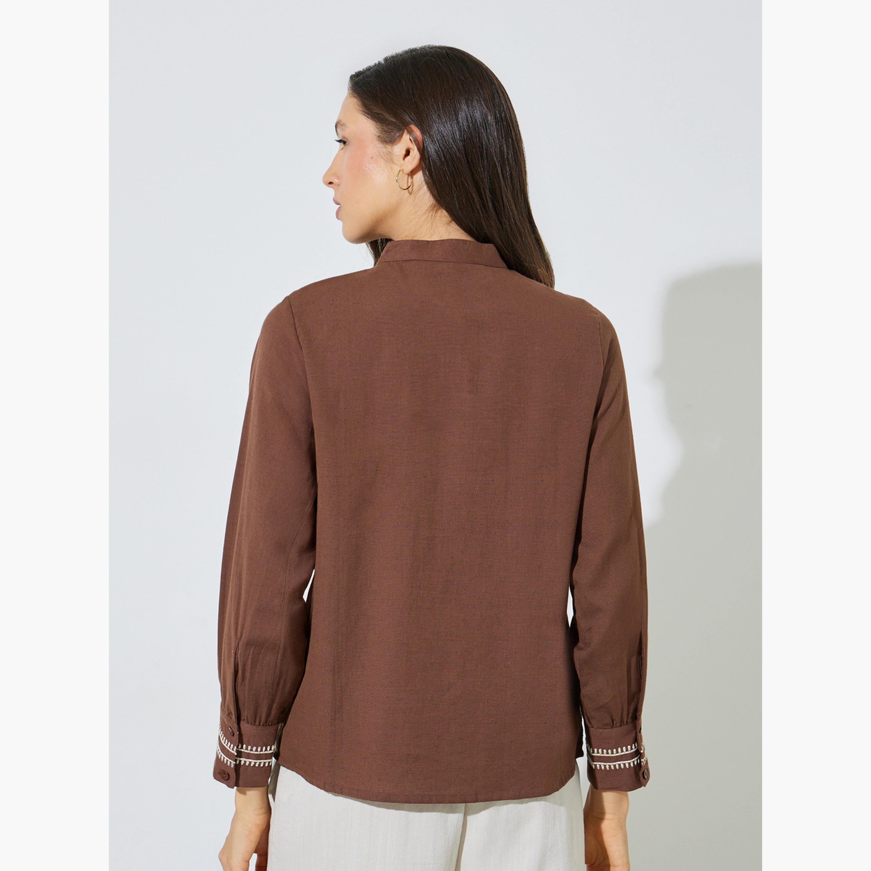 Styli Brown Cotton Embroidered Long Sleeve Blouse-women-clothing-shirtsandblouses-blouses-image-3