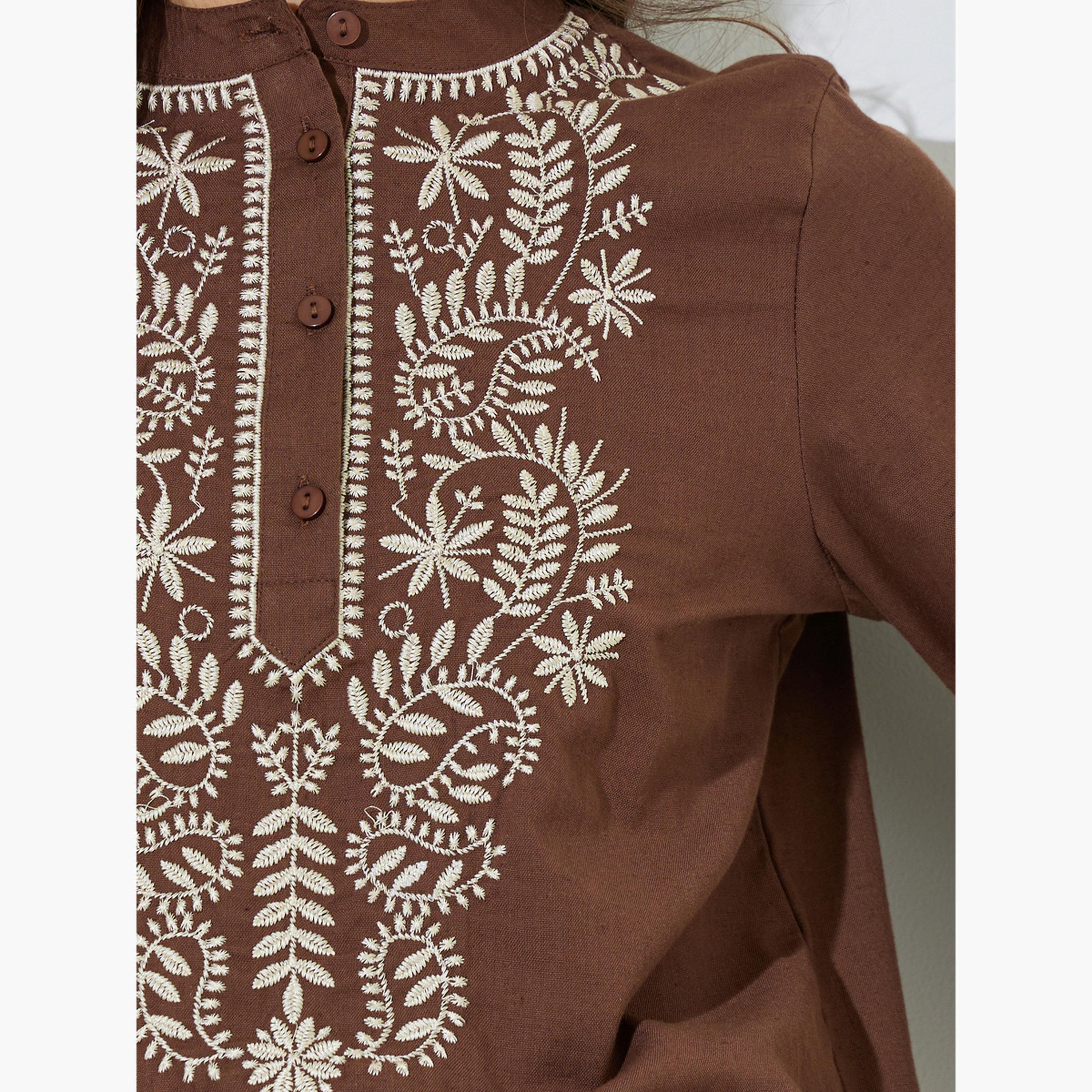 Styli Brown Cotton Embroidered Long Sleeve Blouse-women-clothing-shirtsandblouses-blouses-image-4