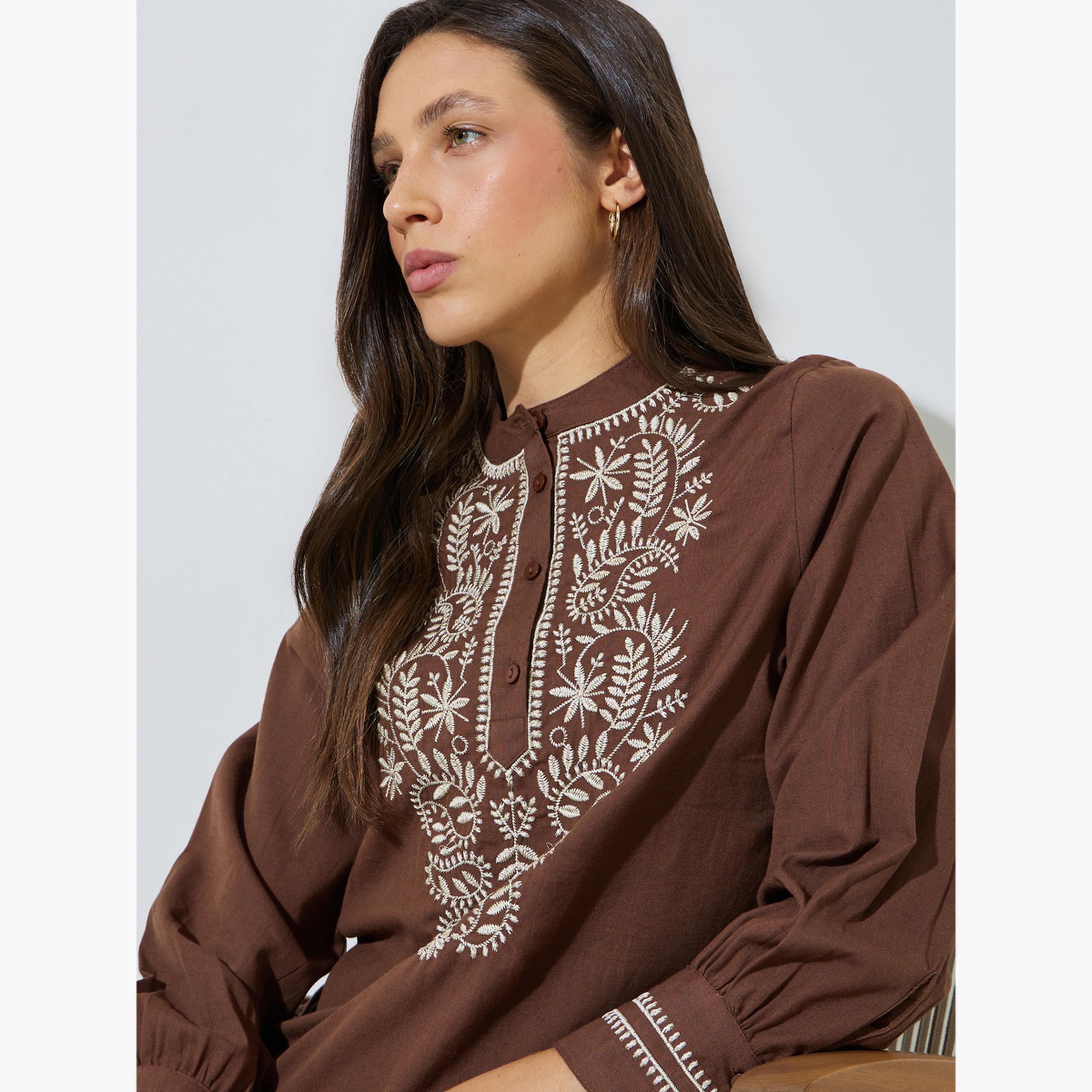 Styli Brown Cotton Embroidered Long Sleeve Blouse-women-clothing-shirtsandblouses-blouses-image-5